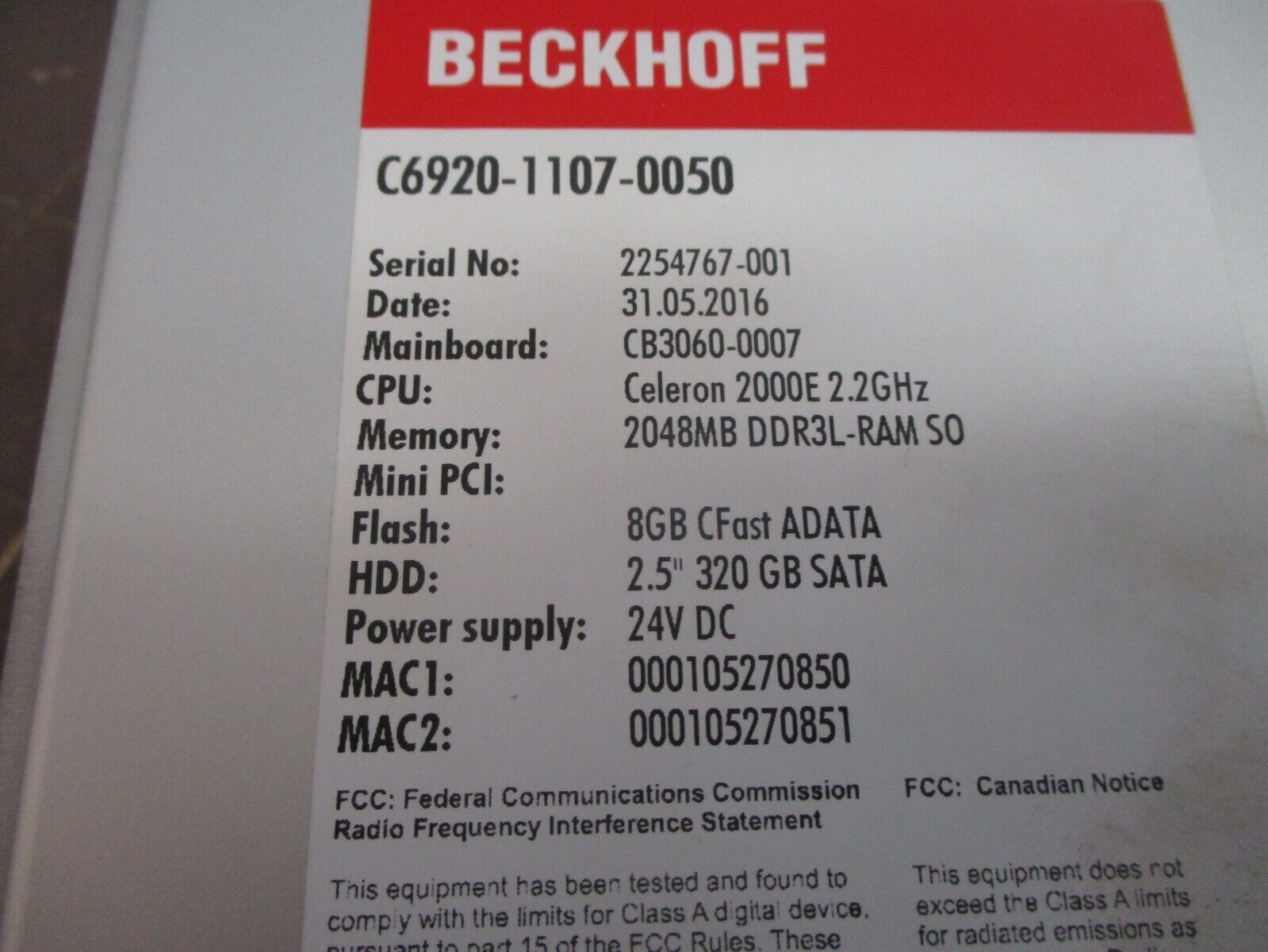 Beckhoff C6920 Industrial PC C6920-1107-0050 MB: CB3060-0007 24VDC Used