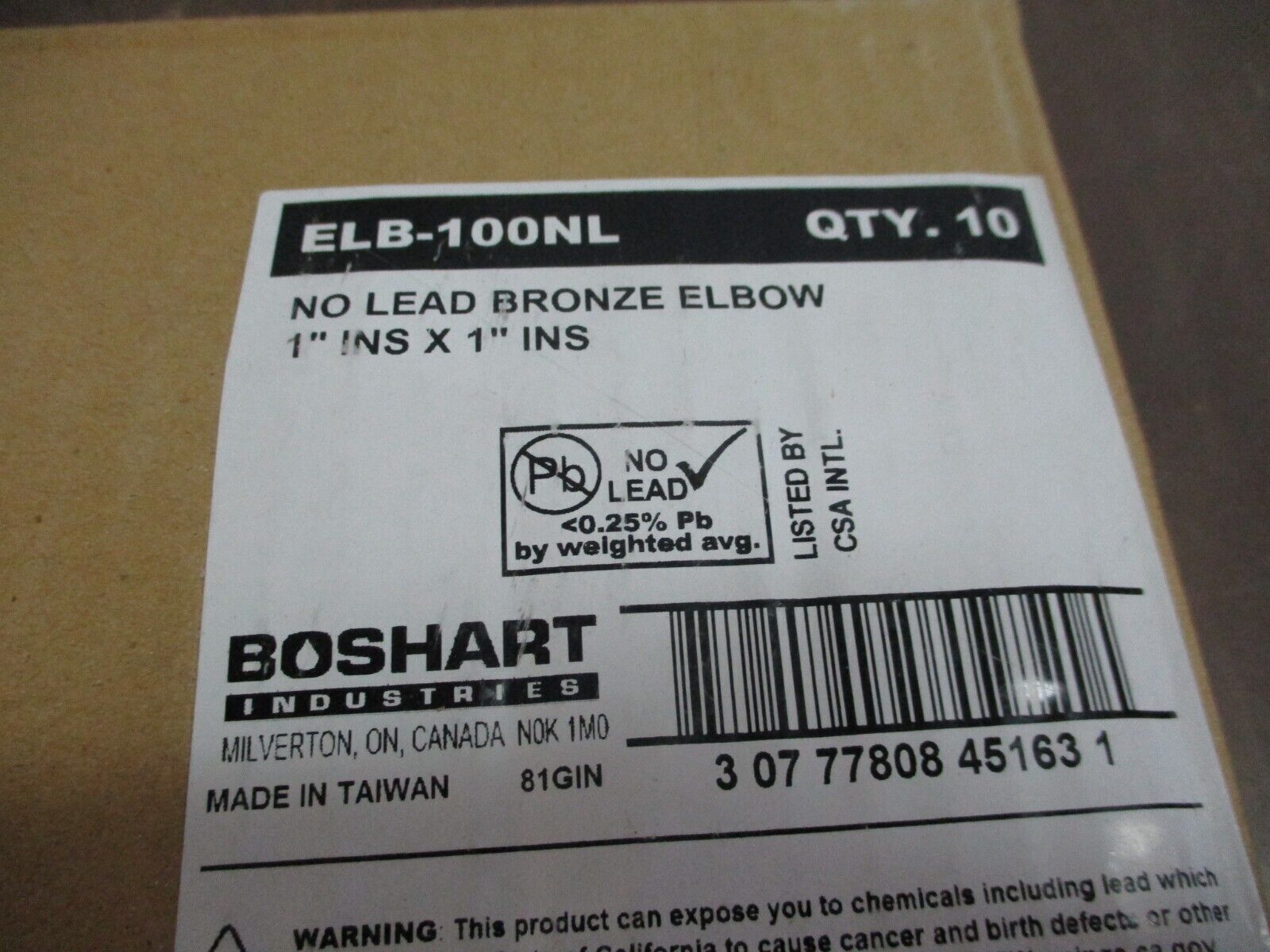 Boshart Bronze Elbow ELB-100NL 1" Ins. x 1" Ins. No Lead *Box of 10* New Surplus