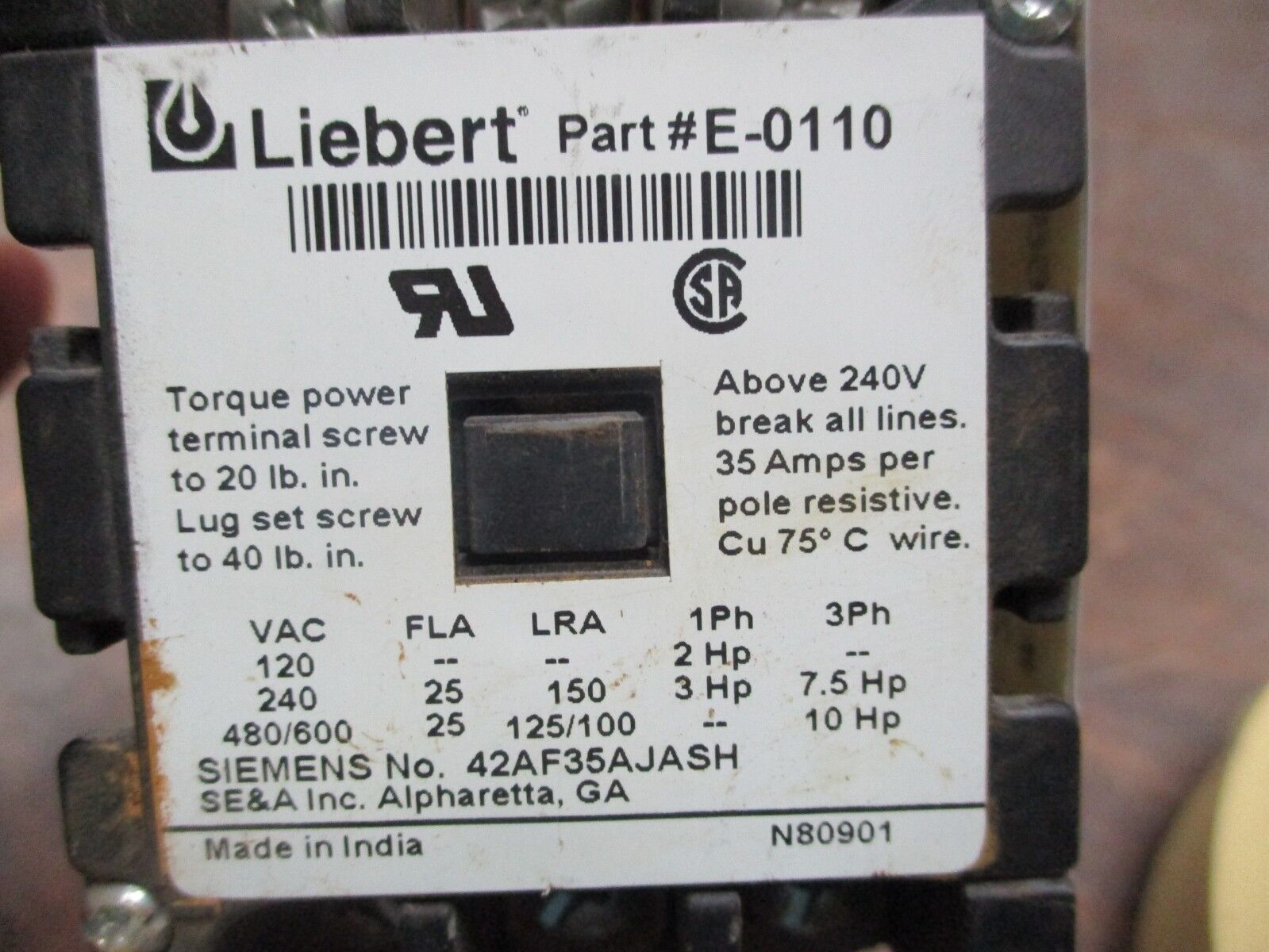 Liebert Contactor E-0110 24V Coil Used