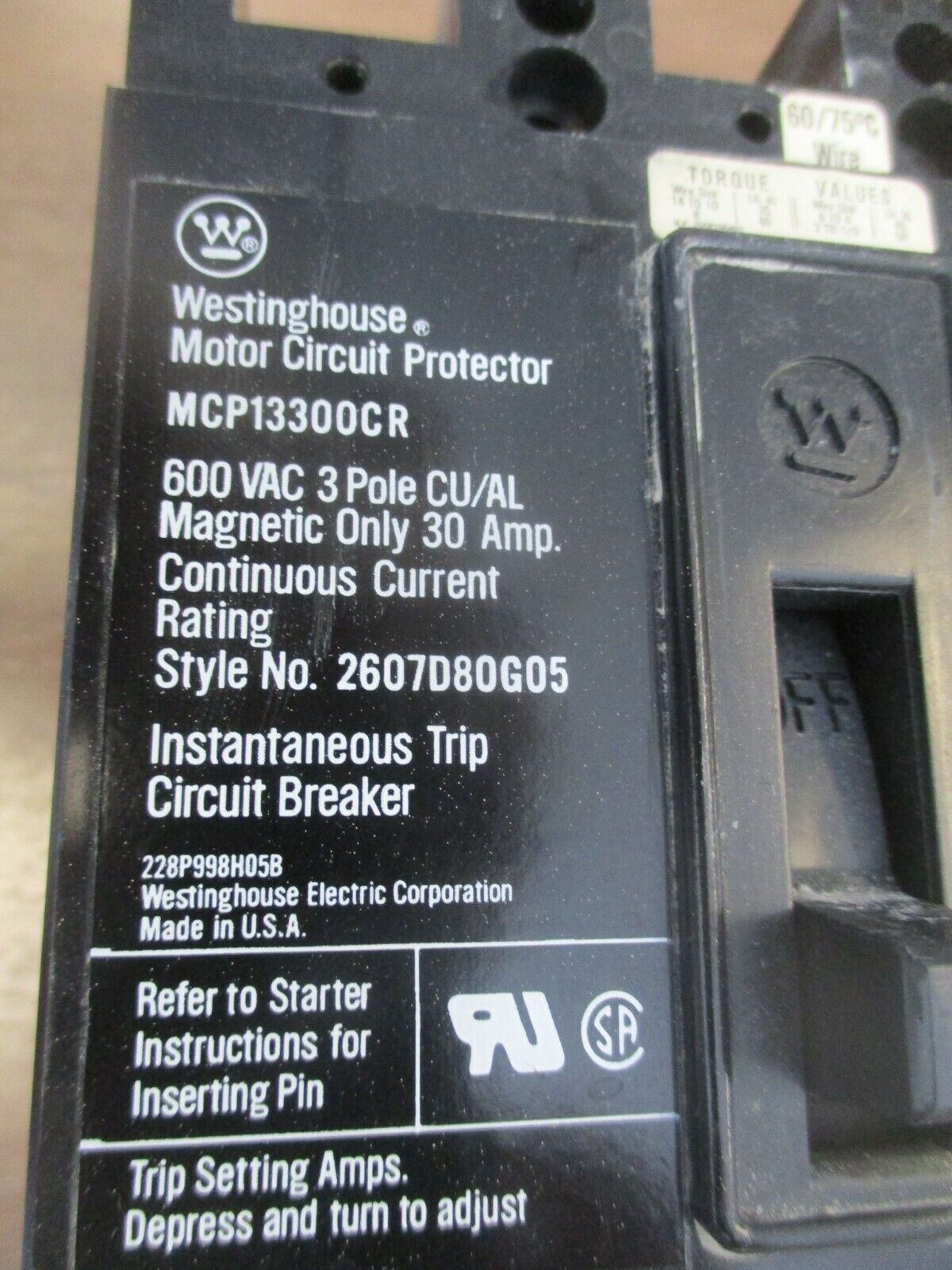 Westinghouse Circuit Breaker MCP13300CR 30A 600V 3P Used