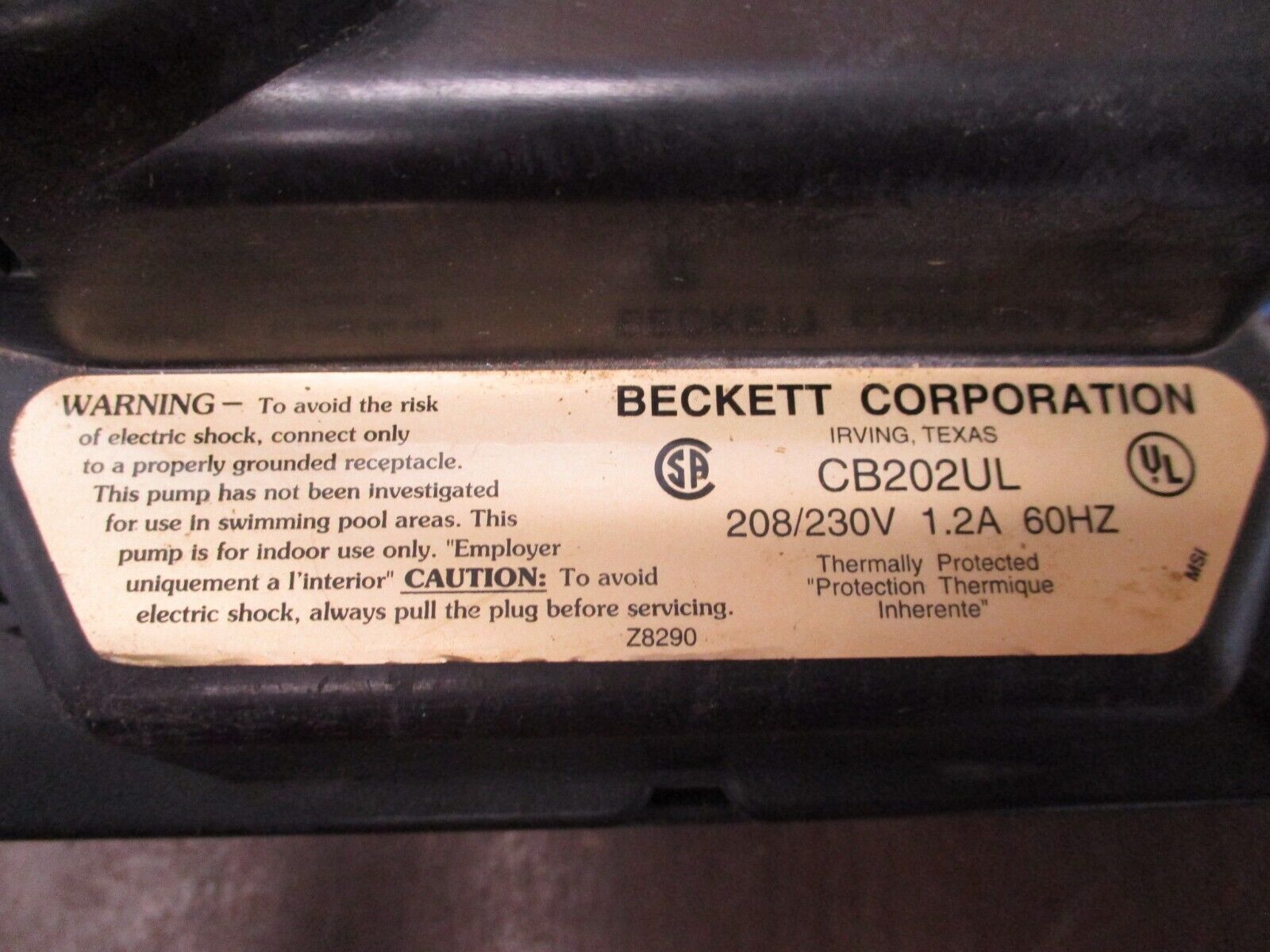 Beckett Condensate Pump CB202UL 208/230V 1.2A 60Hz Used