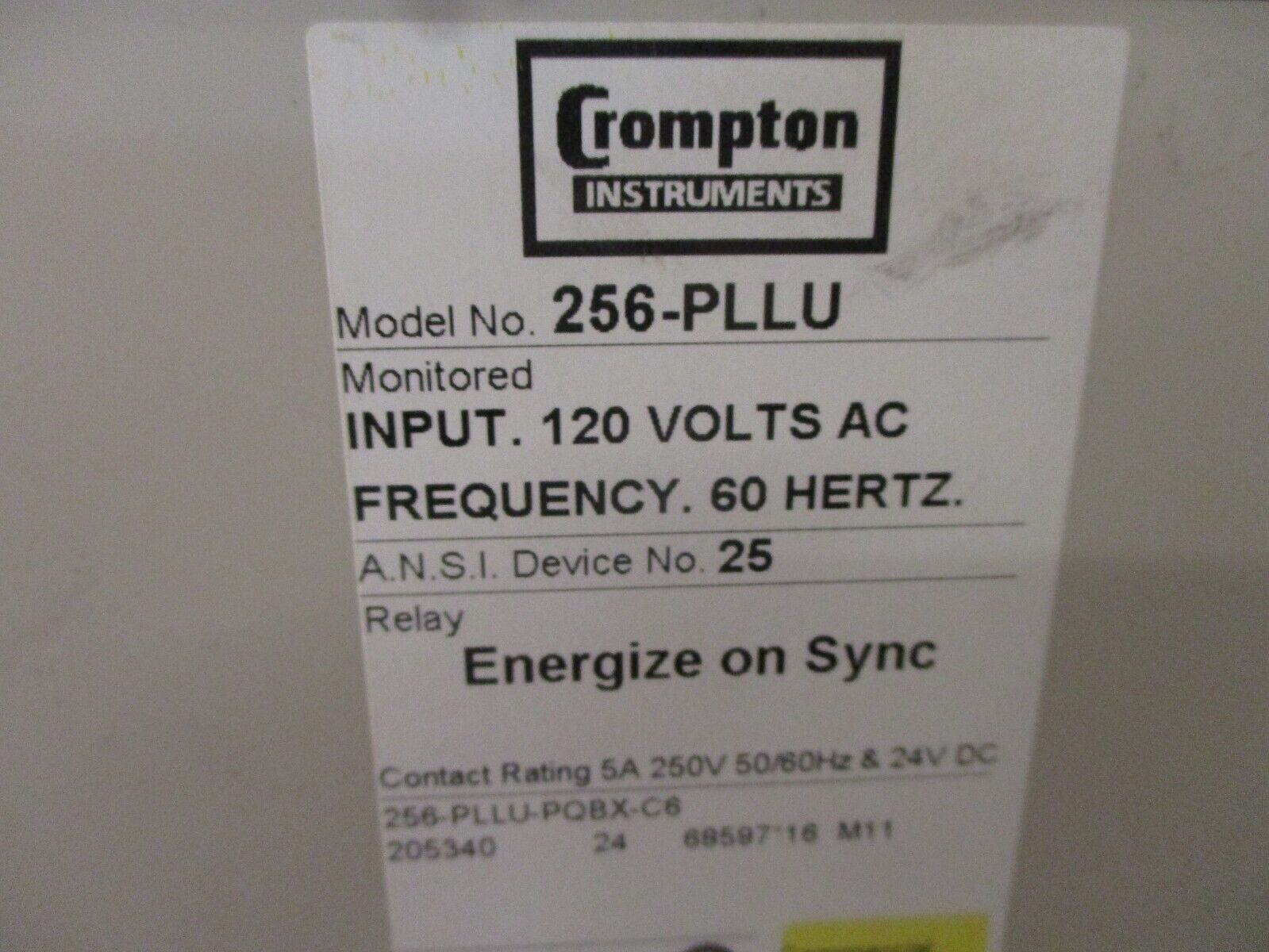 Crompton Protector Energize on Sync Relay 256-PLLU-PQBX-C6 120V 60Hz Used