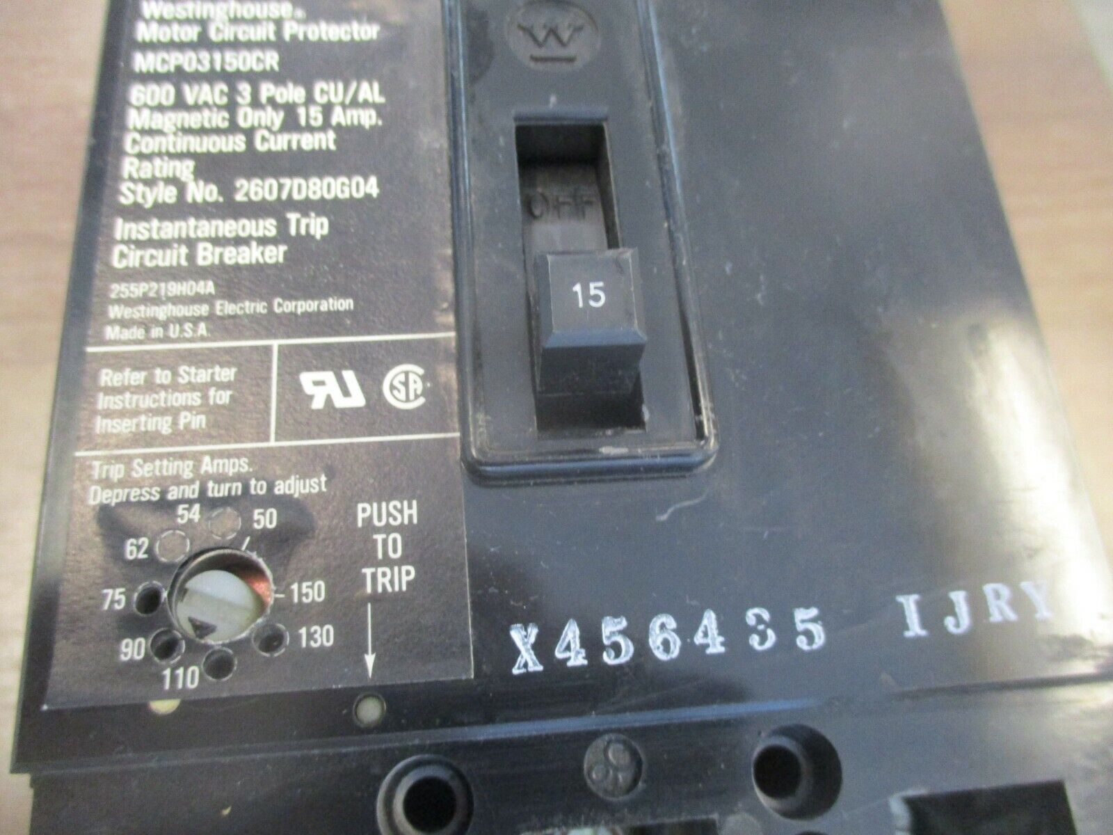 Westinghouse Circuit Breaker MCP03150CR 15A 600V 3P Used