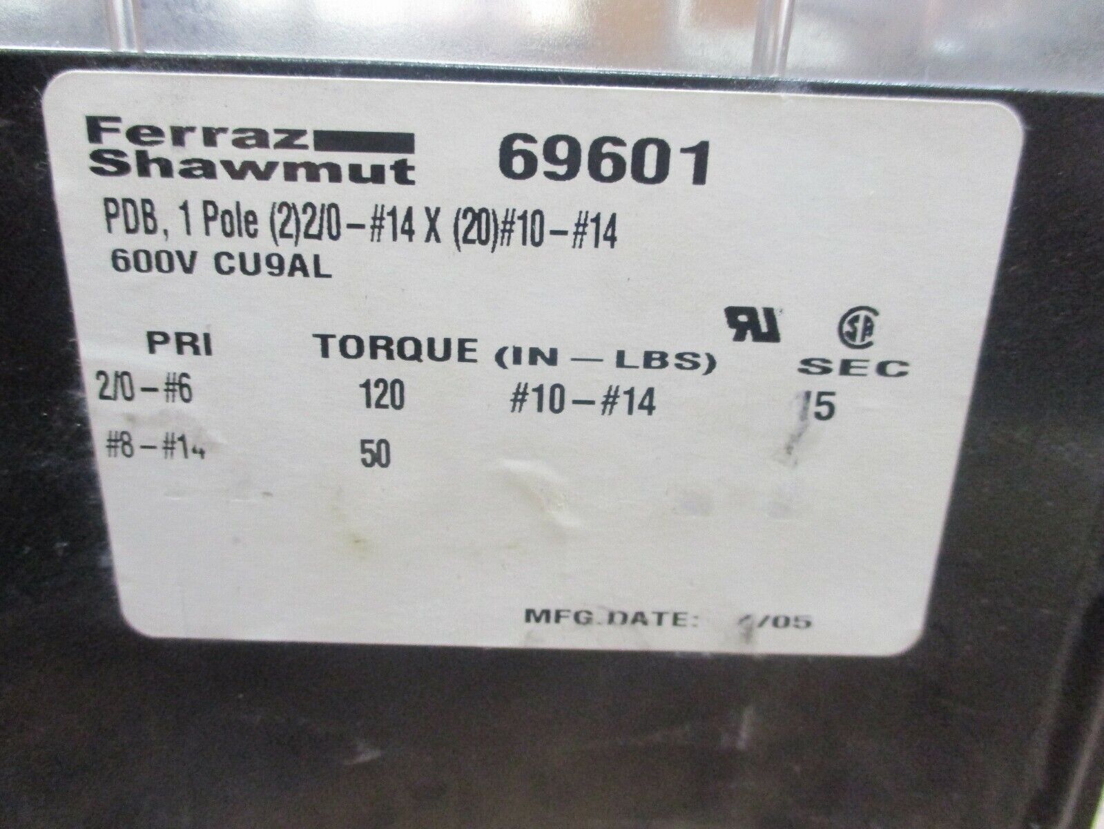 Ferraz Shawmut Power Distribution Block 69601 600V 1P Used