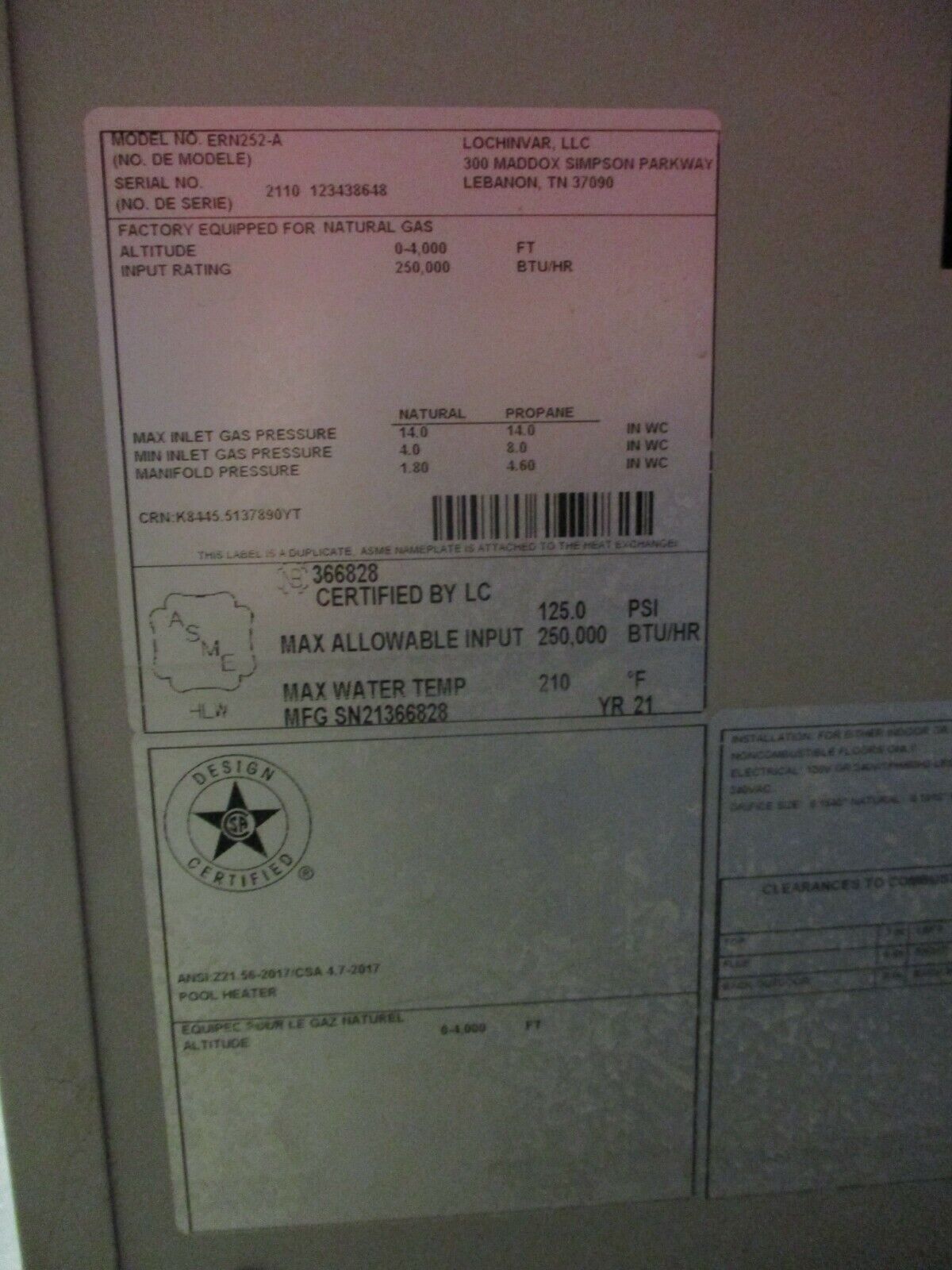 Lochinvar EnergyRite Pool & Spa Heater ERN252-A 210°F 250,000BTU Propane Used