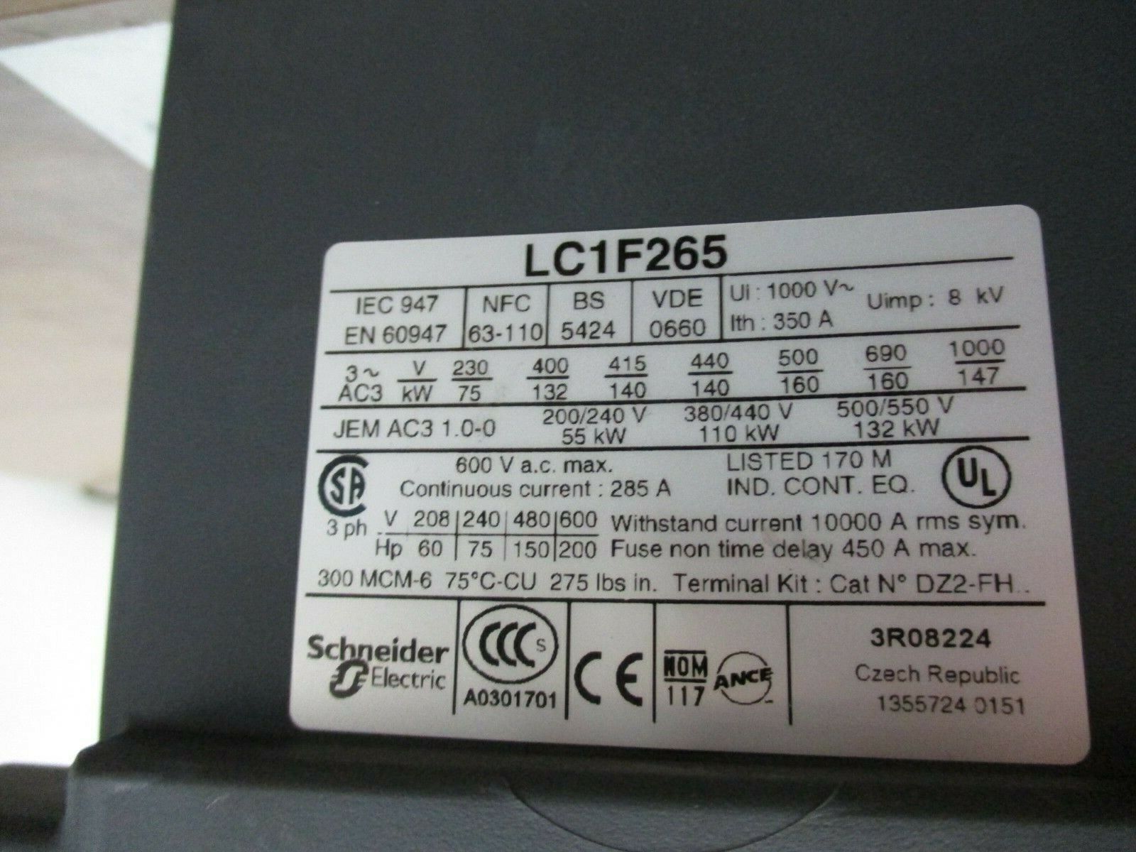 Telemecanique Contactor LC1F265 Coil: 480-500V 40-400 Hz 285A 600V Used
