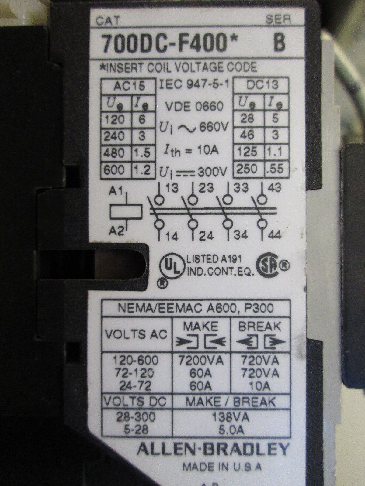 Allen-Bradley Contactor 700DC-F400* w/ 195-FA40 Aux Contact Block 24VDC Coil 10A