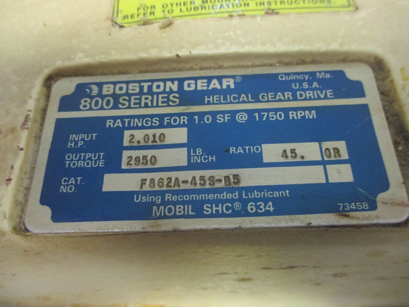Boston Gear 800 Series Helical Gear Drive F862A-45S-B5 Ratio:45 2.010HP In Used