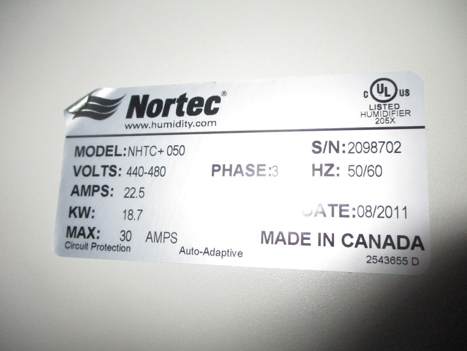 Nortec Humidifier NHTC+050 18.7kW 440-480V 22.5A 3Ph 50/60Hz Used