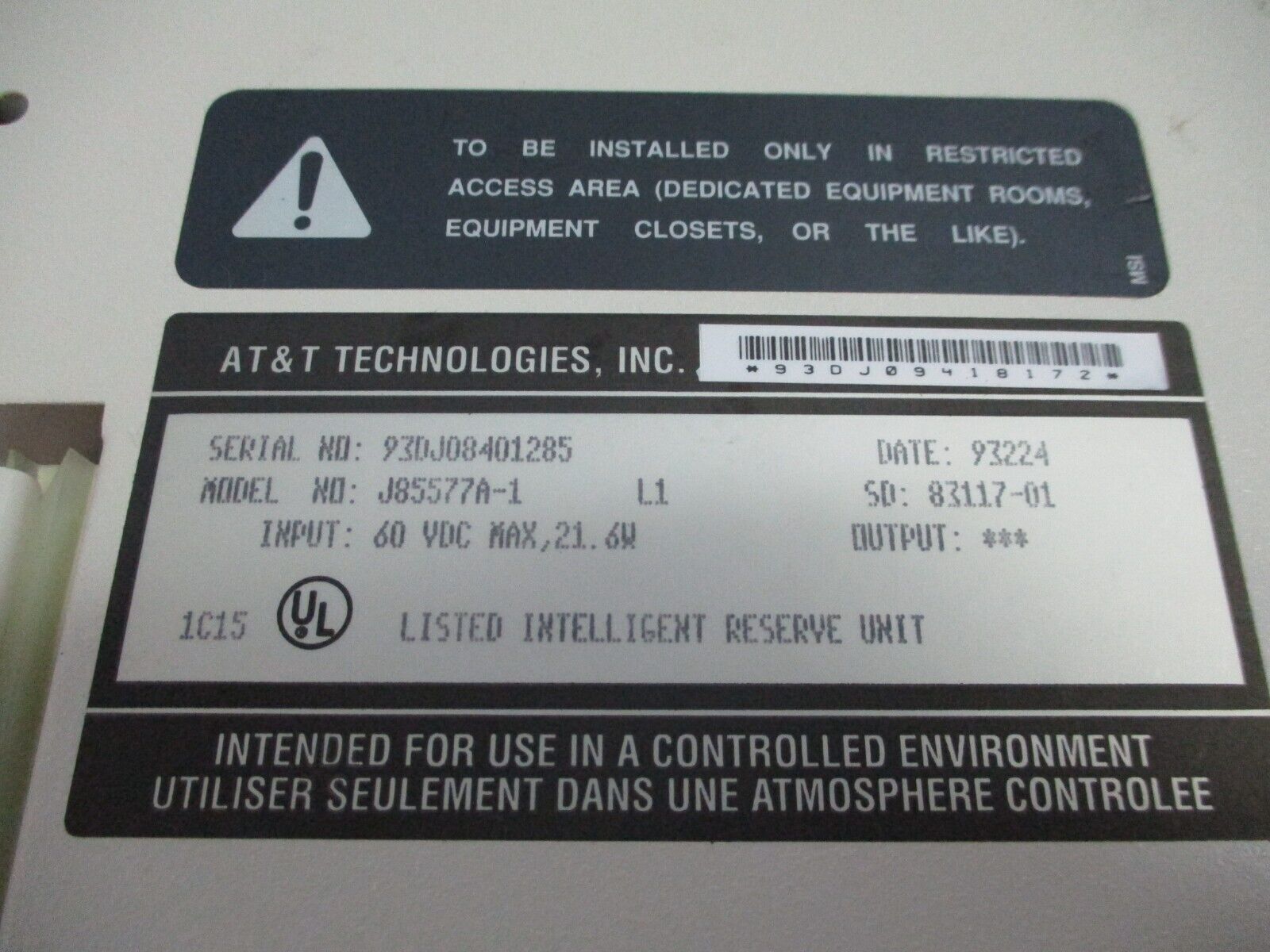 AT&T Lineage 2000 Intelligent Reserve Unit J85577A-1 60VDC 21.6W Used