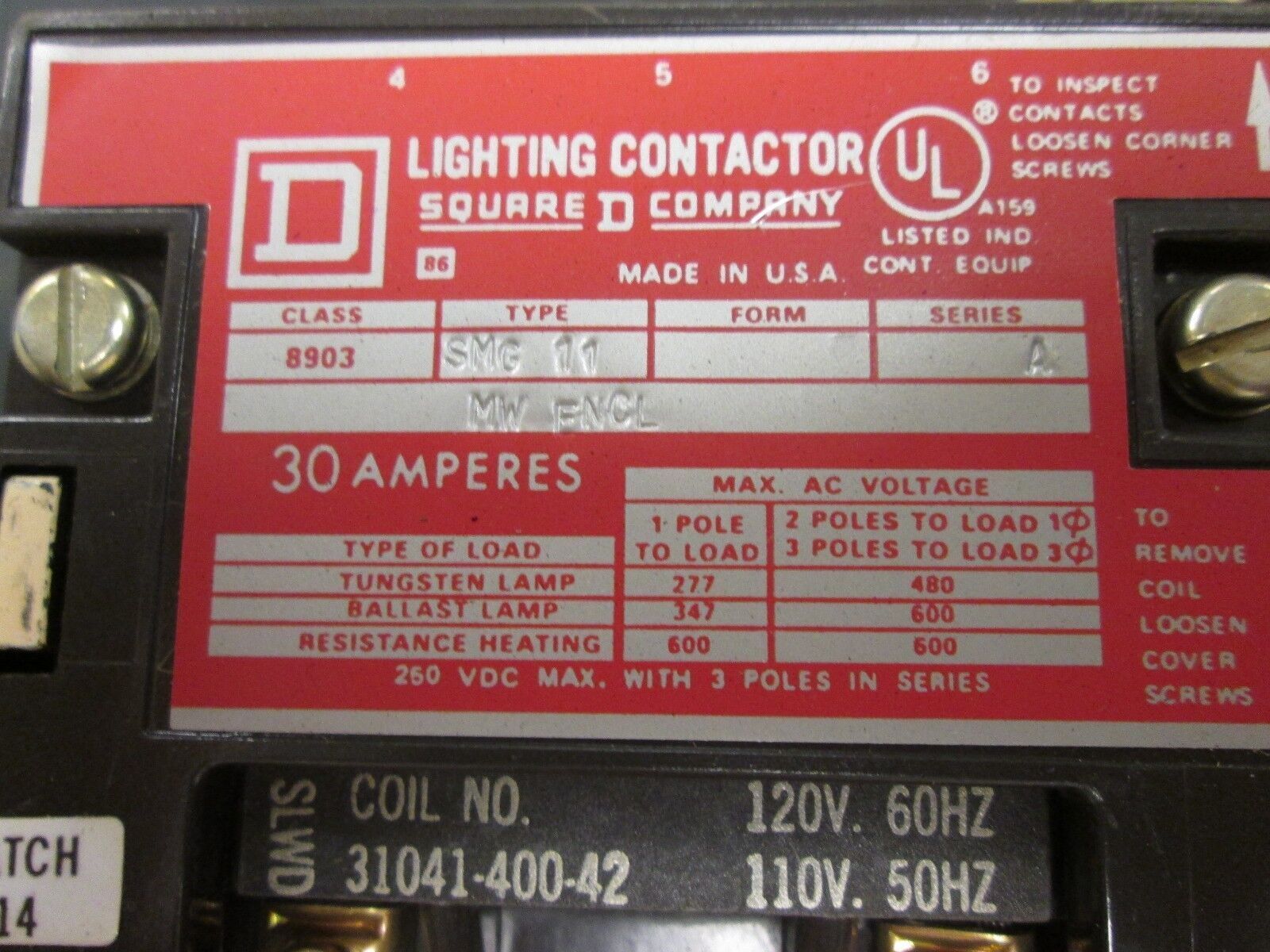 Square D Enclosed Lighting Contactor 8903 SMG 11 30A 120V Coil Used
