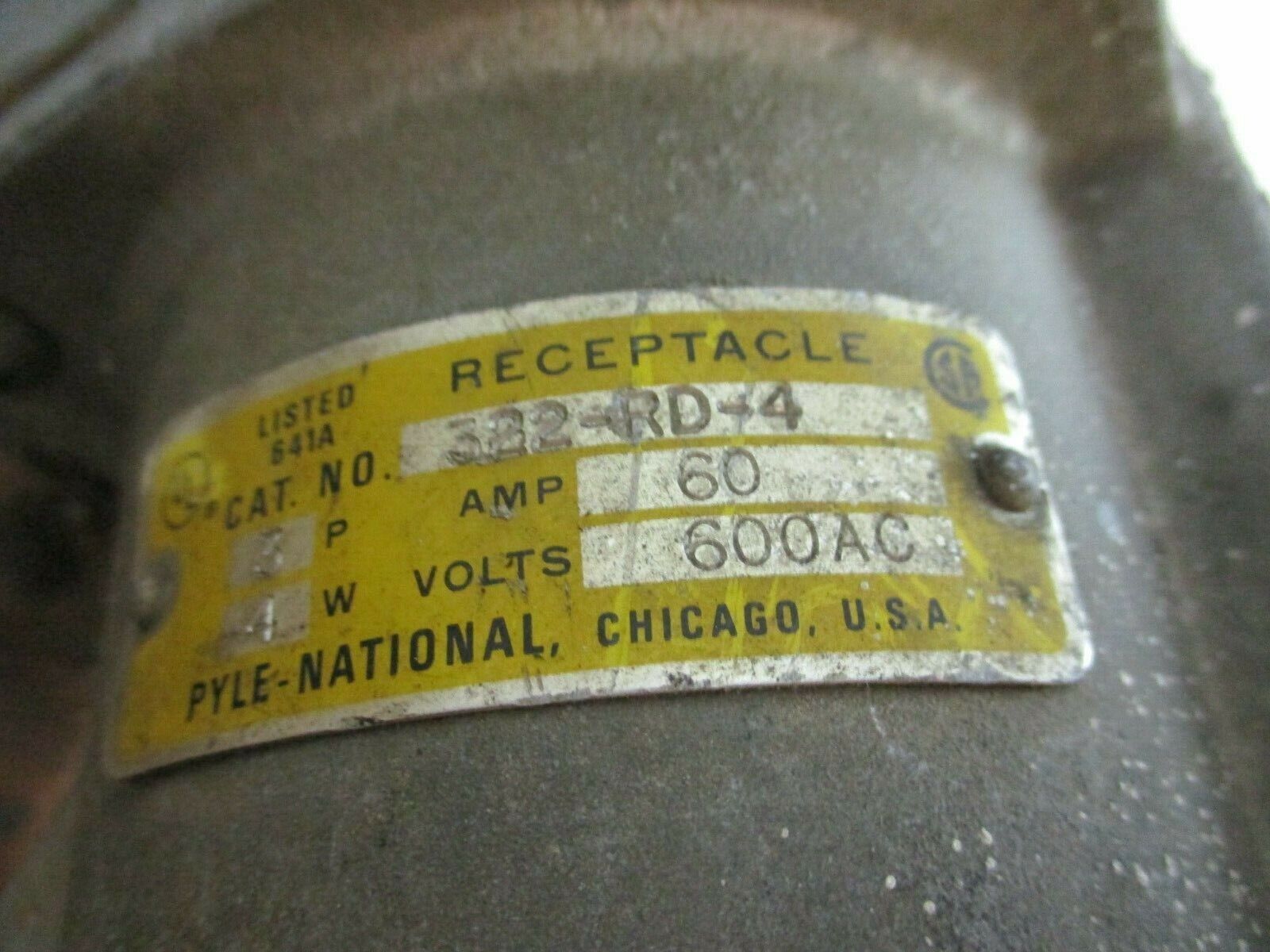 Pyle National Receptacle w/Base 322-RD-4 60A 600V 3P 4W Used
