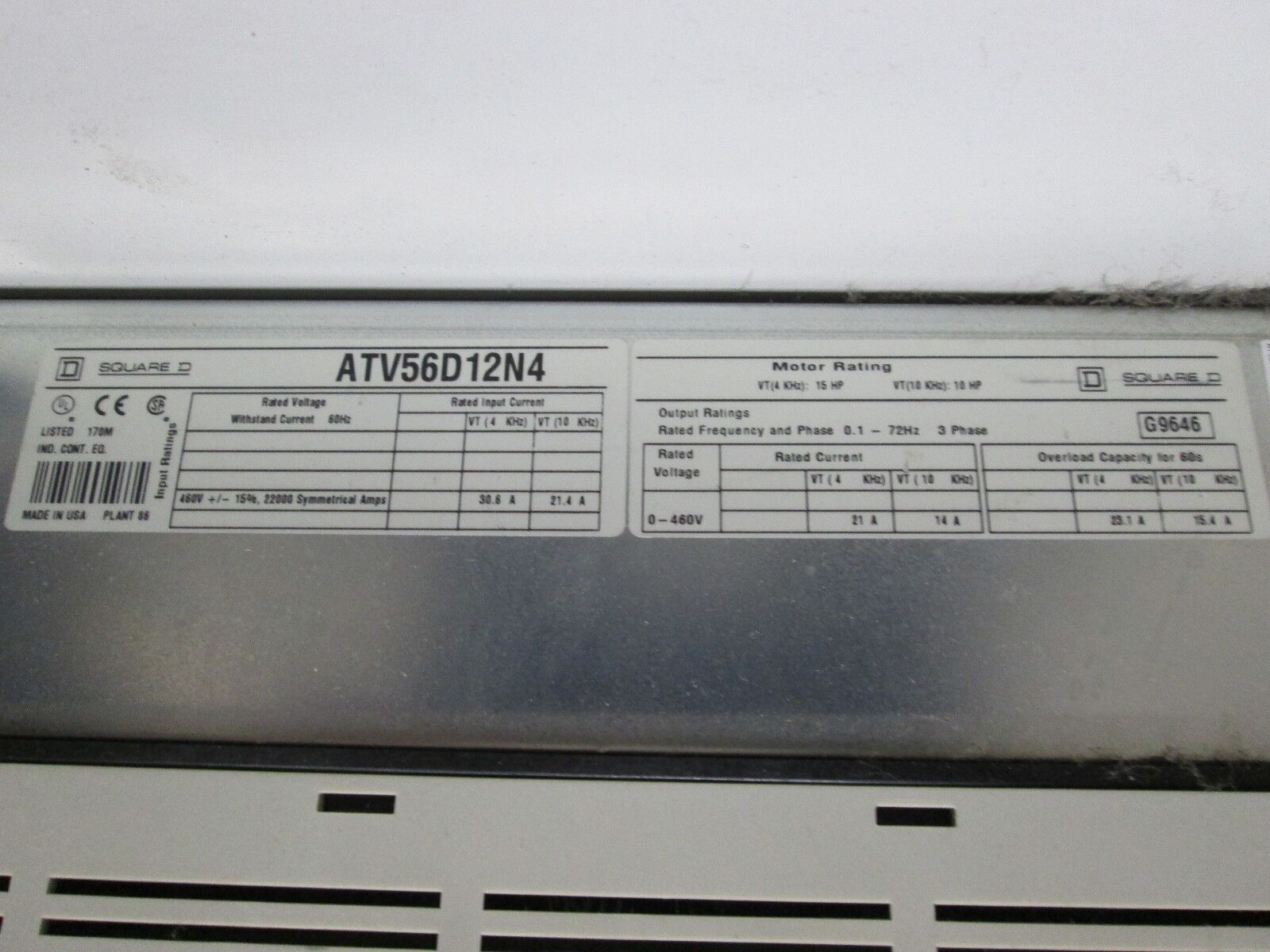 Square D / Telemecanique Altivar 56 AC Drive ATV56D12N4U 15HP Used