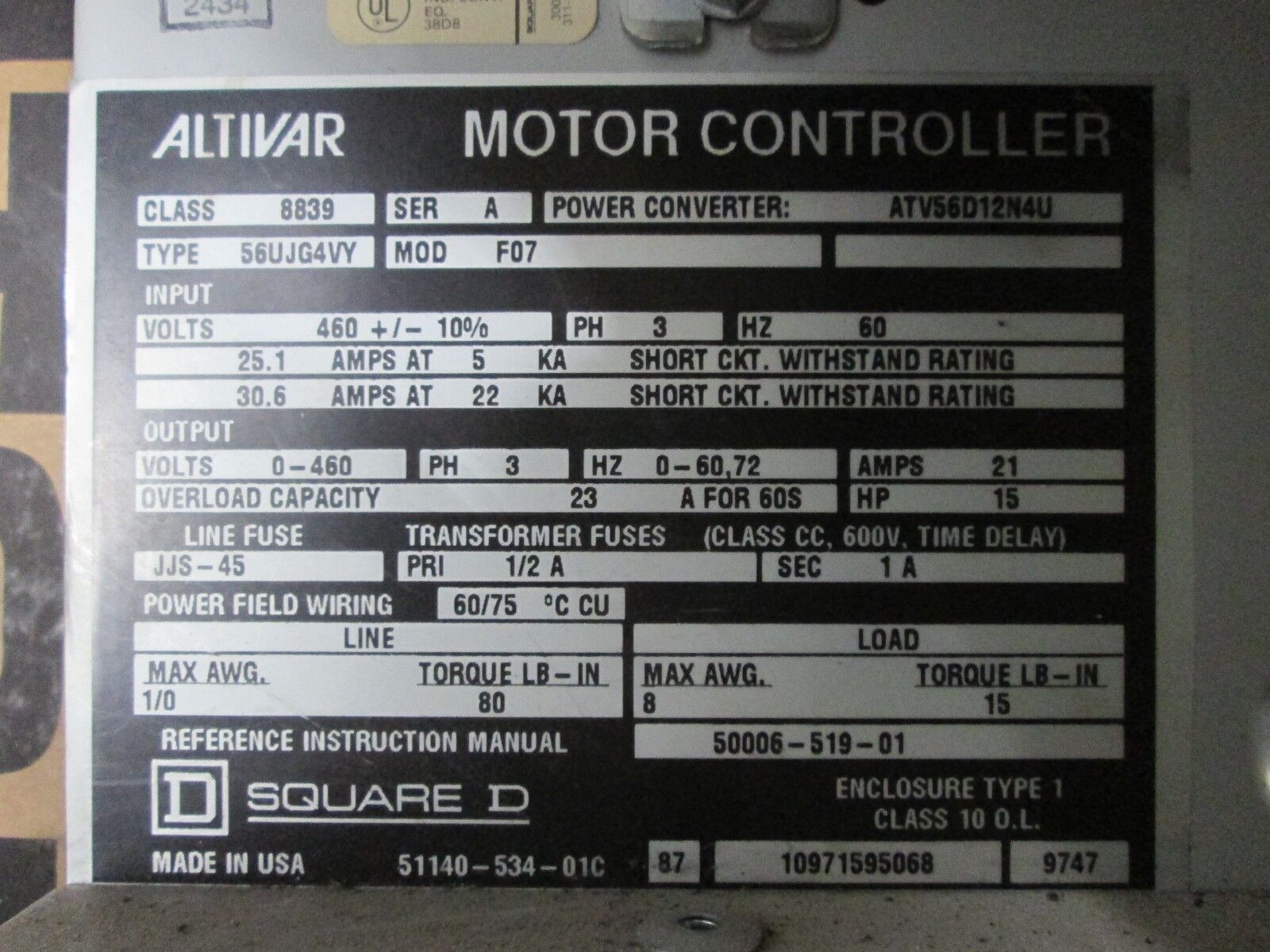 Square D / Telemecanique Altivar 56 AC Drive ATV56D12N4U 15HP Used