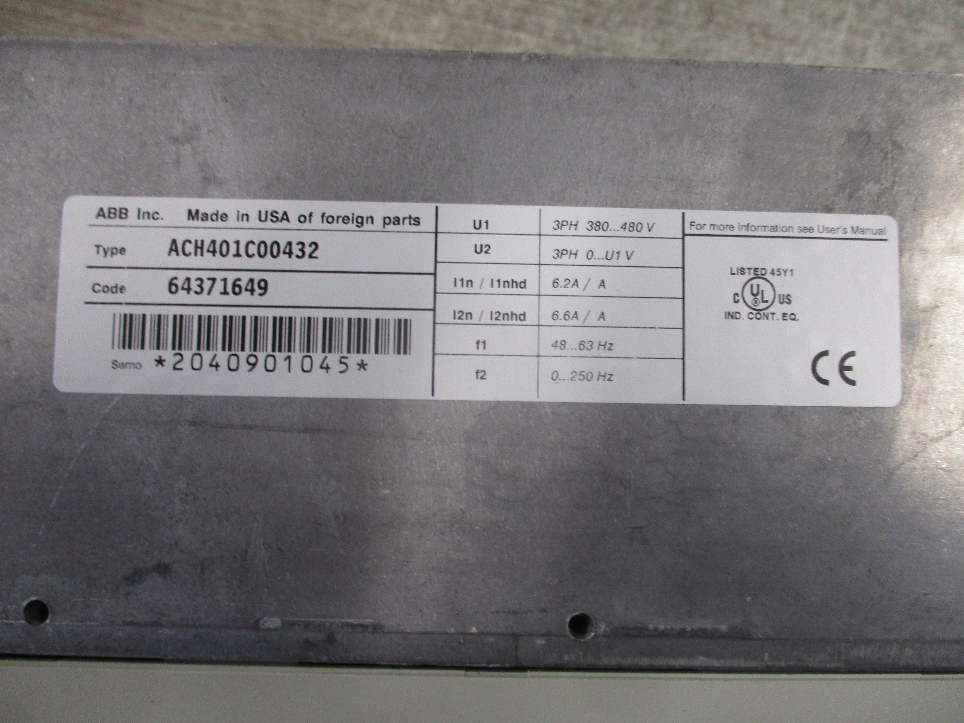 ABB ACH401 AC Drive ACH401C00432 3HP 3Ph *No Keypad* *Broken Cover Latch* Used