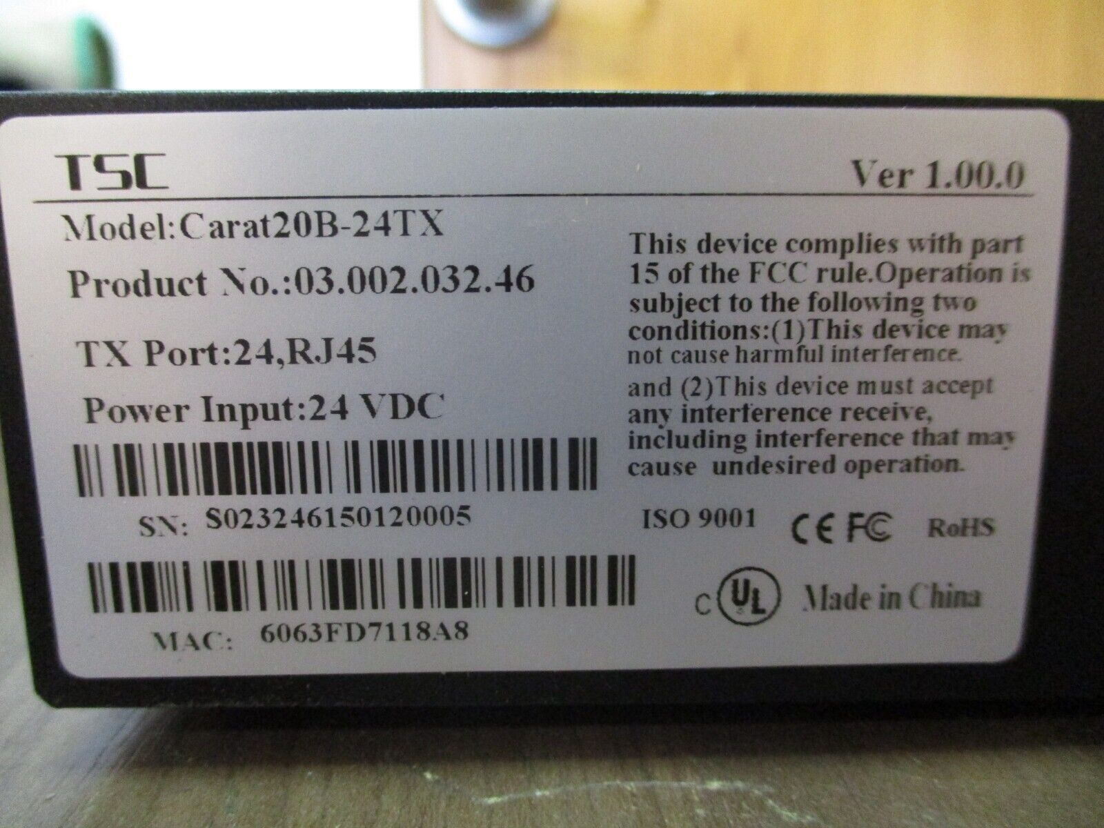 TSC Industrial Ethernet Switch Carat20B-24TX Ver. 1.00.0 TX Port: 24, RJ45 24VDC