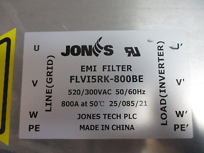 Jones EMI Filter FLVI5RK-800BE 800A 520/300VAC 50/60Hz. Used.