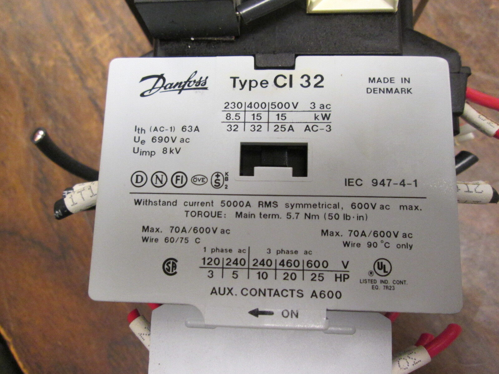 Danfoss Contactor CI 32 110V Coil 70A 600V w/ (3) Aux Contacts Used