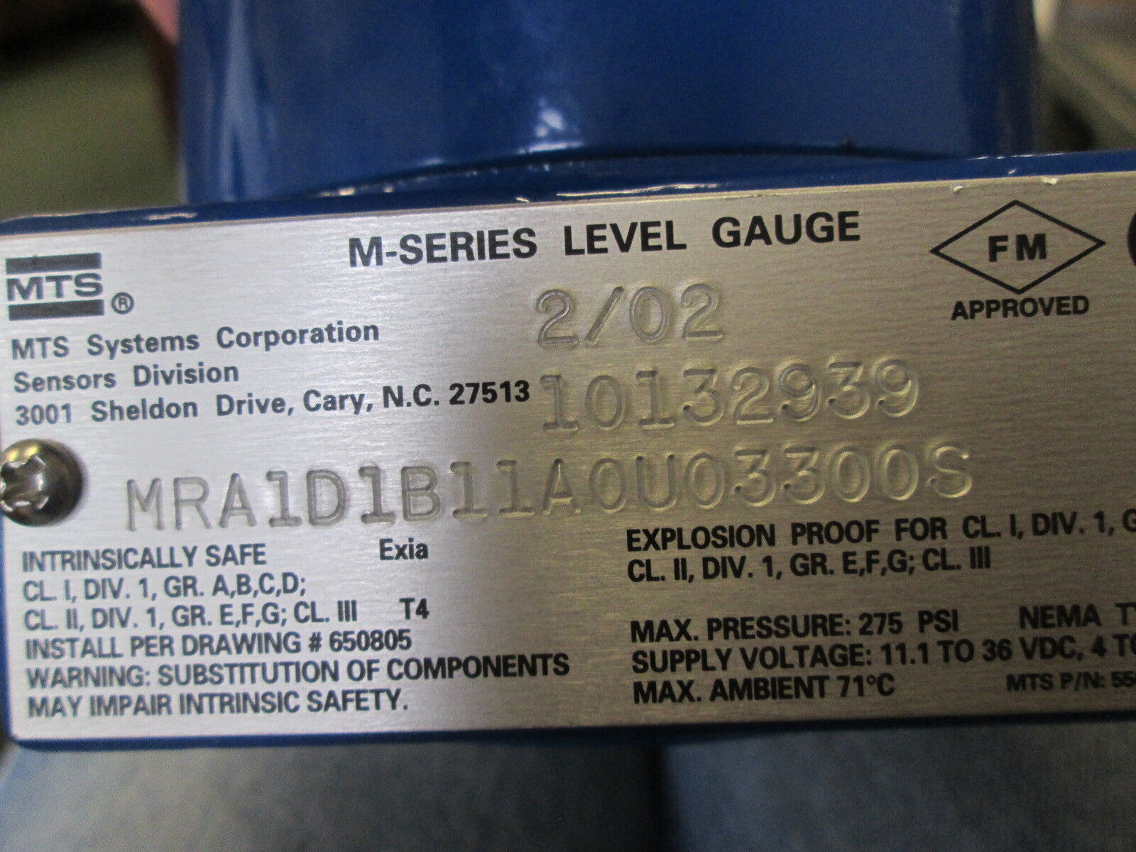 MTS M-series Leave/gauge MRA1D1B11A0U033005 275 PSI max Explosion Proof Nema 4x