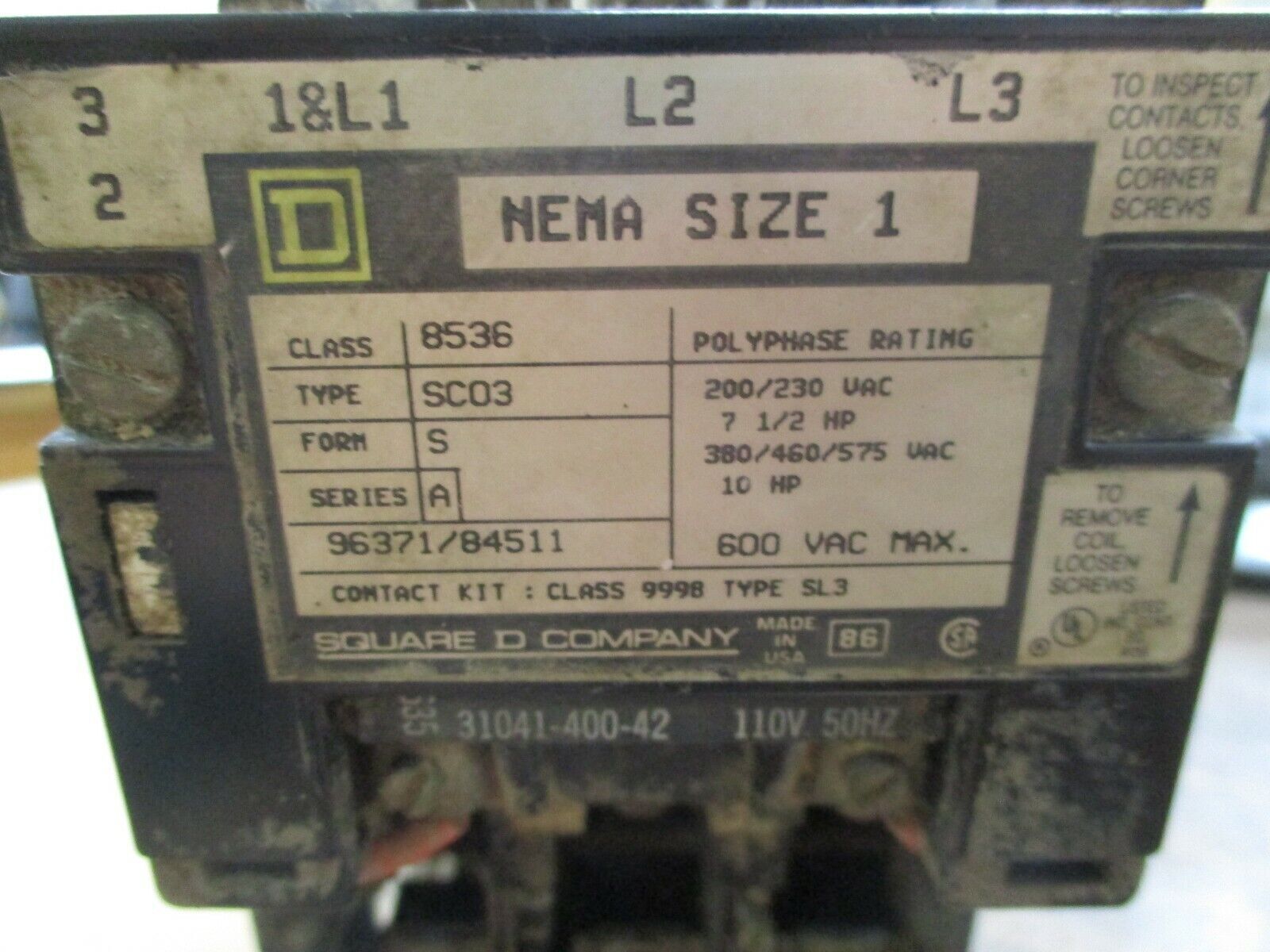 Square D Size 1 Starter 8536 SC03 S Ser. A 120V Coil 600V *No Heaters* Used