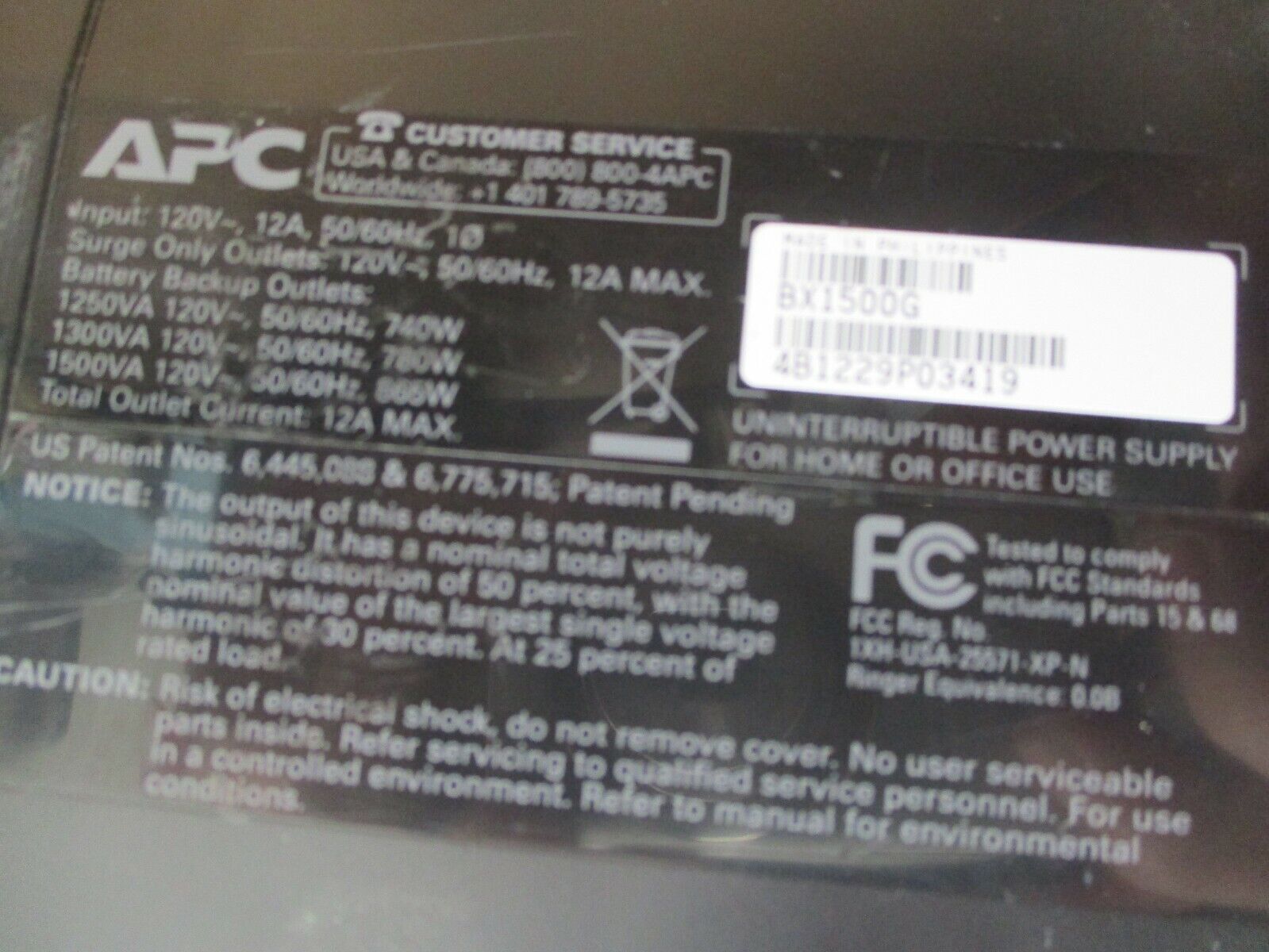 APC UPS Battery Backup BX1500G Input: 120V, 12A, 50/60Hz, 1Ph 1500VA Used