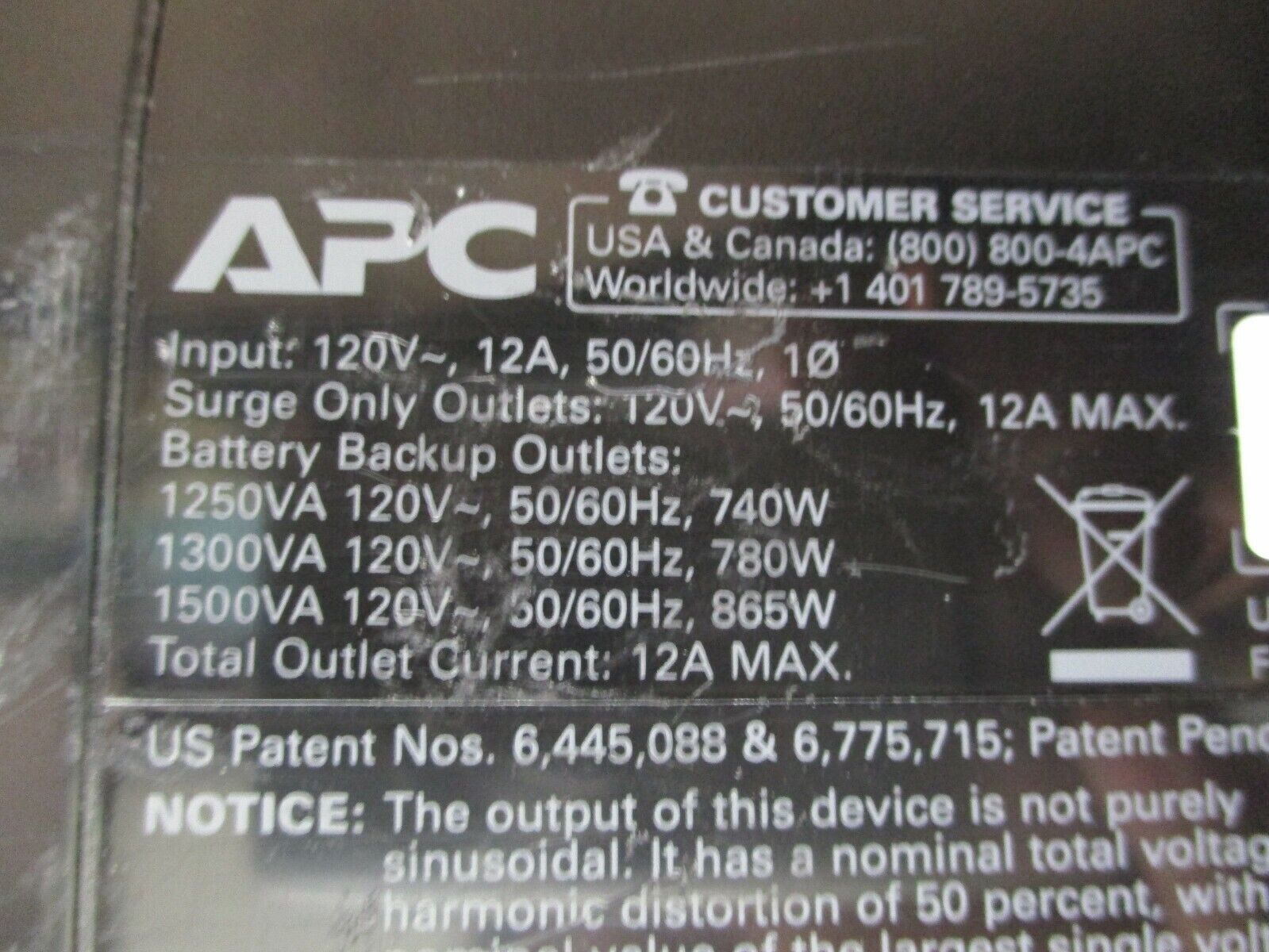 APC UPS Battery Backup BX1500G Input: 120V, 12A, 50/60Hz, 1Ph 1500VA Used