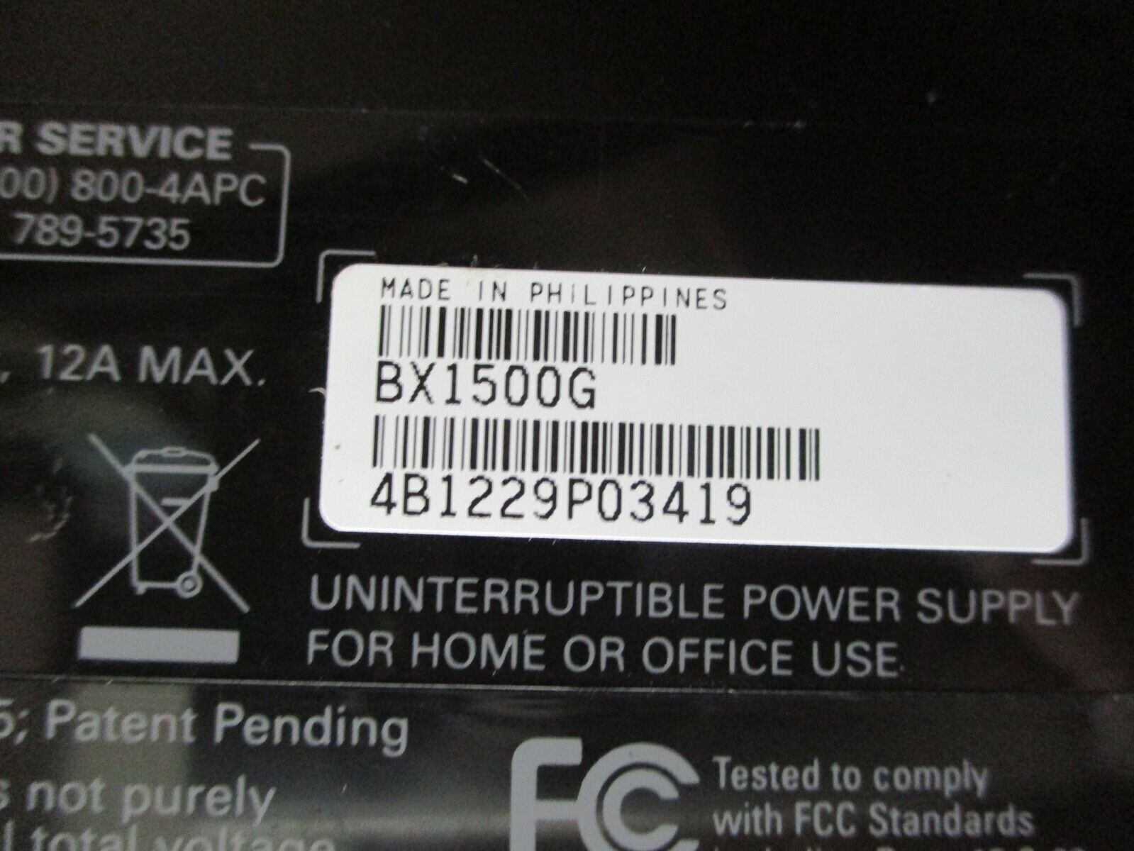 APC UPS Battery Backup BX1500G Input: 120V, 12A, 50/60Hz, 1Ph 1500VA Used