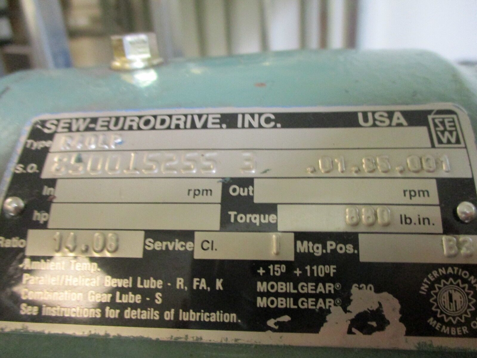 Sew-Eurodrive Reducer R40LP R40LP Ratio: 14 880in/Lb Torque Used