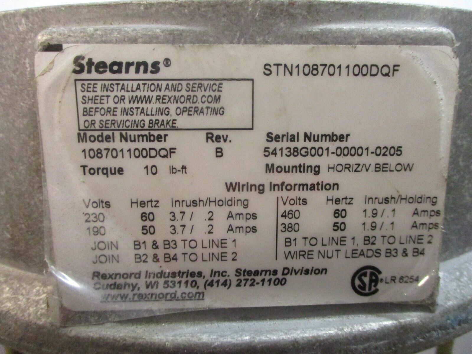 Stearns Brake STN108701100DQF Rev. B 10lb-Ft Torque 230V Used