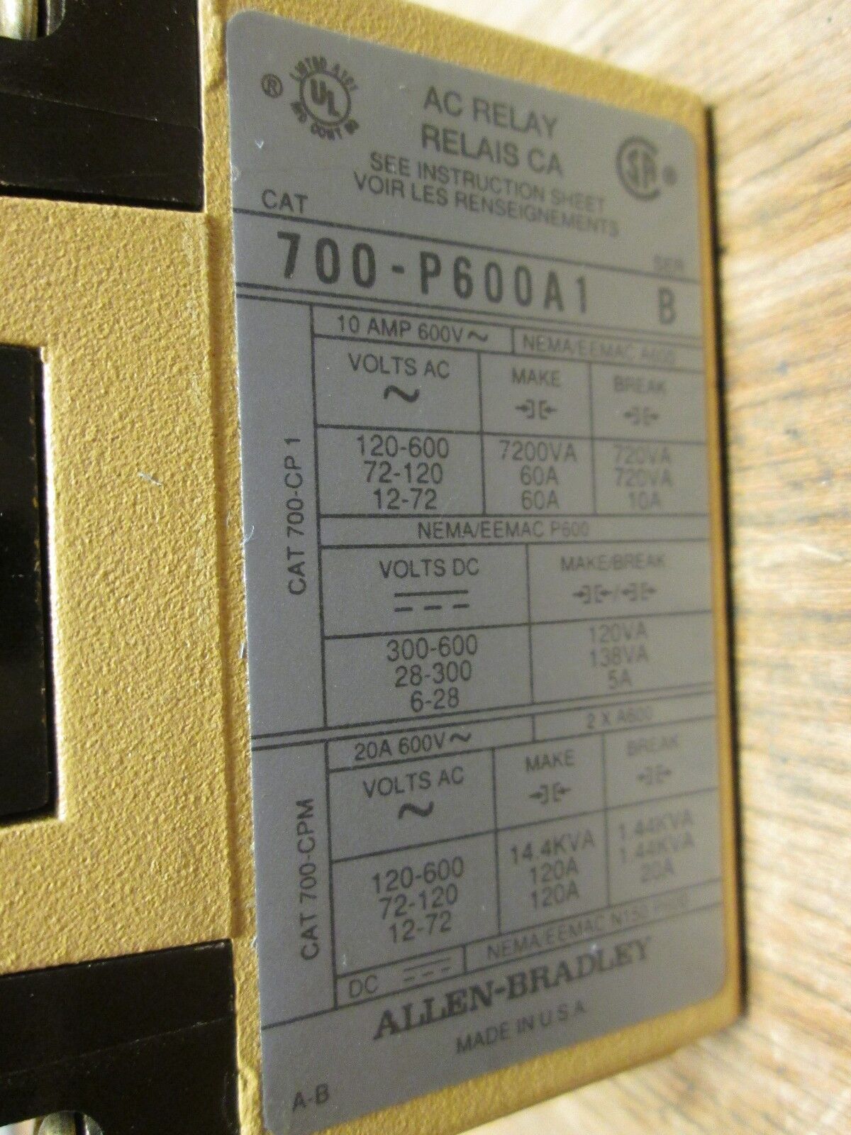 Allen-Bradley Control Relay 700-P600A1 115-120V Coil 6-Terminal Used