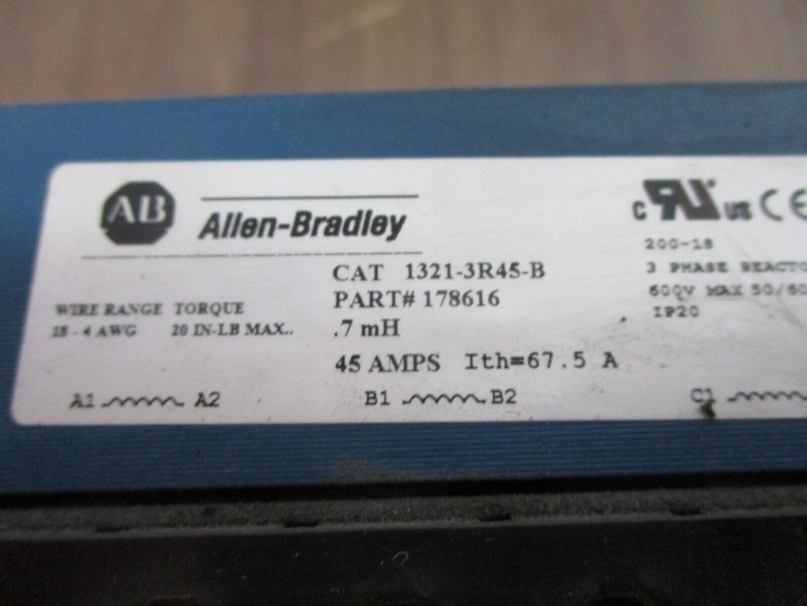 Allen-Bradley 3Ph Line Reactor 1321-3R45-B 0.7mH 45A 600V 50/60Hz Used