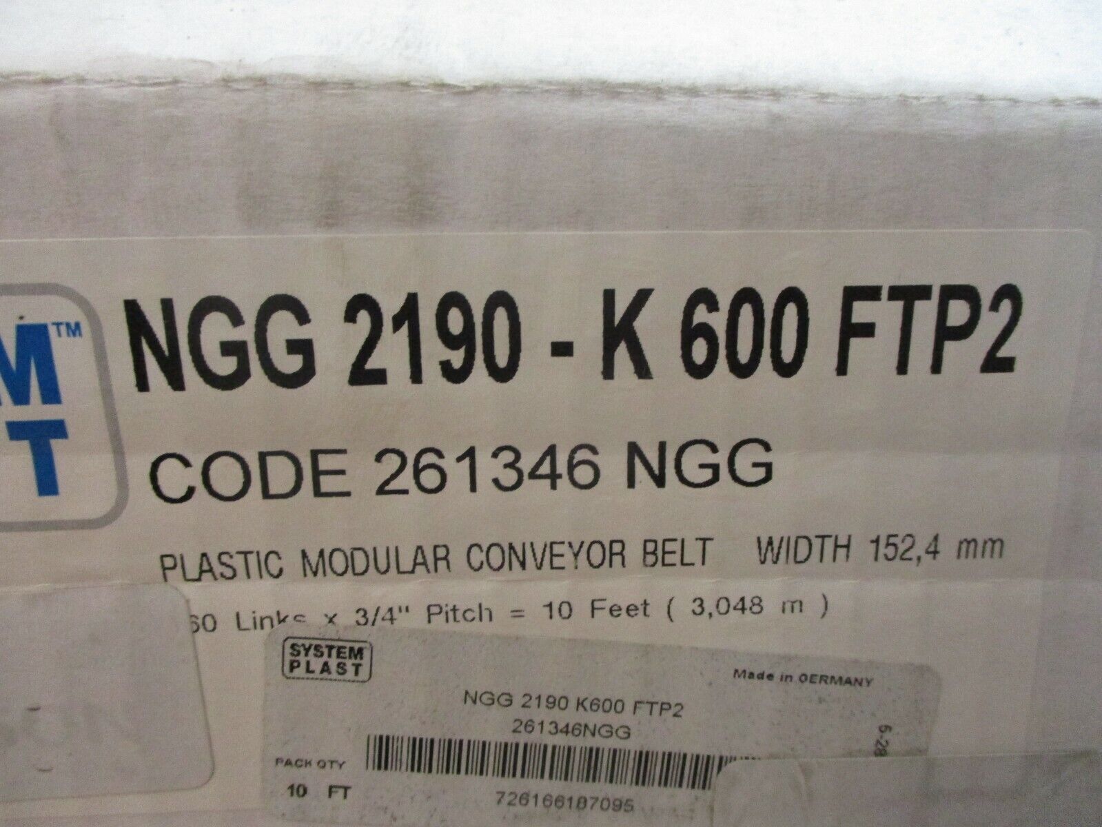 System Plast Plastic Modular Conveyor Belt NGG2190-K600FTP2 Length: 10ft