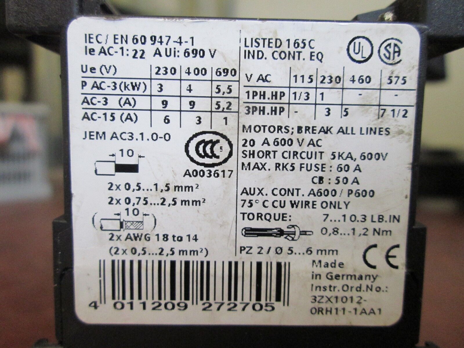 Siemens Sirius Contactor 3RT1016-1BB41 24VDC Coil Used