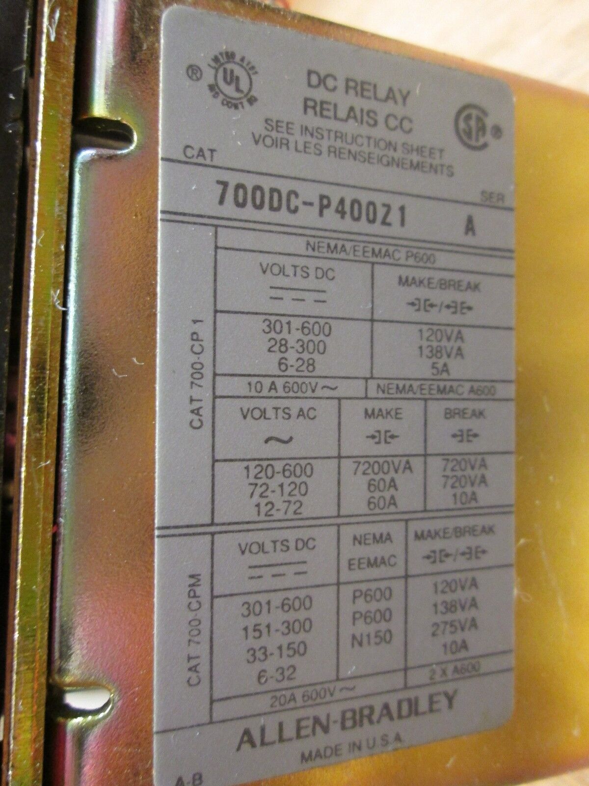 Allen-Bradley DC Relay 700DC-P40021 115-125VDC Coil Used