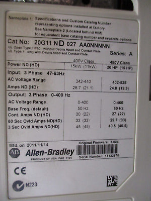Allen-Bradley PowerFlex 755 AC Drive 20G11ND027AA0NNNNN 20HP 3Ph w/ Keypad Used
