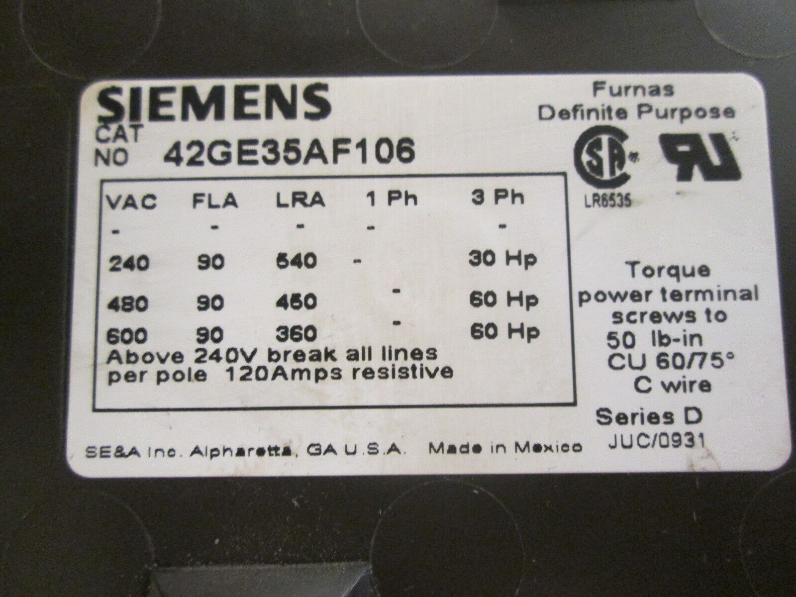 Siemens Contactor 42FE35AF106 120V Coil Used