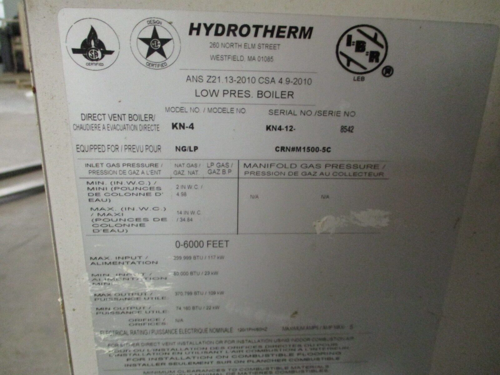 Hydrotherm Low Pressure Cast Iron Boiler KN-4 400,000 BTU Natural Gas 120V 1Ph