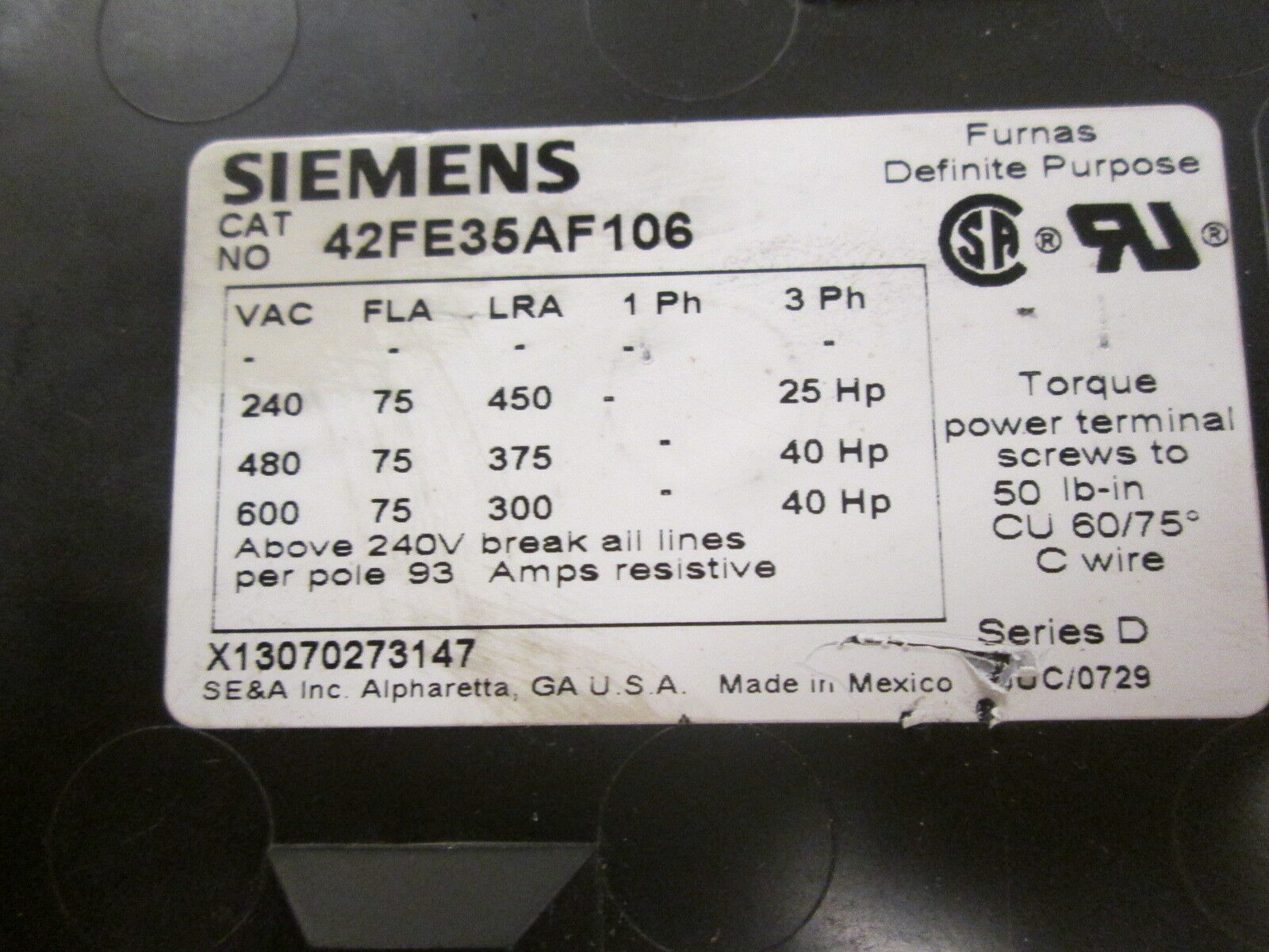 Siemens Contactor 42FE35AF106 120V Coil *Missing Lug* *Broken Clips* Used