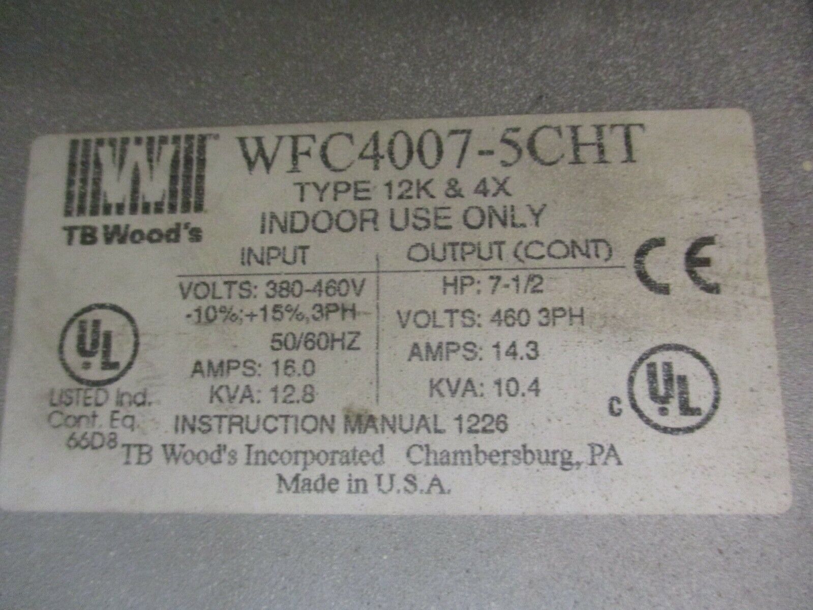 TB Woods E-Trac WFC HT AC Drive WFC4007-5CHT 7.5 HP 3Ph Type 12K, 4X Enclosure
