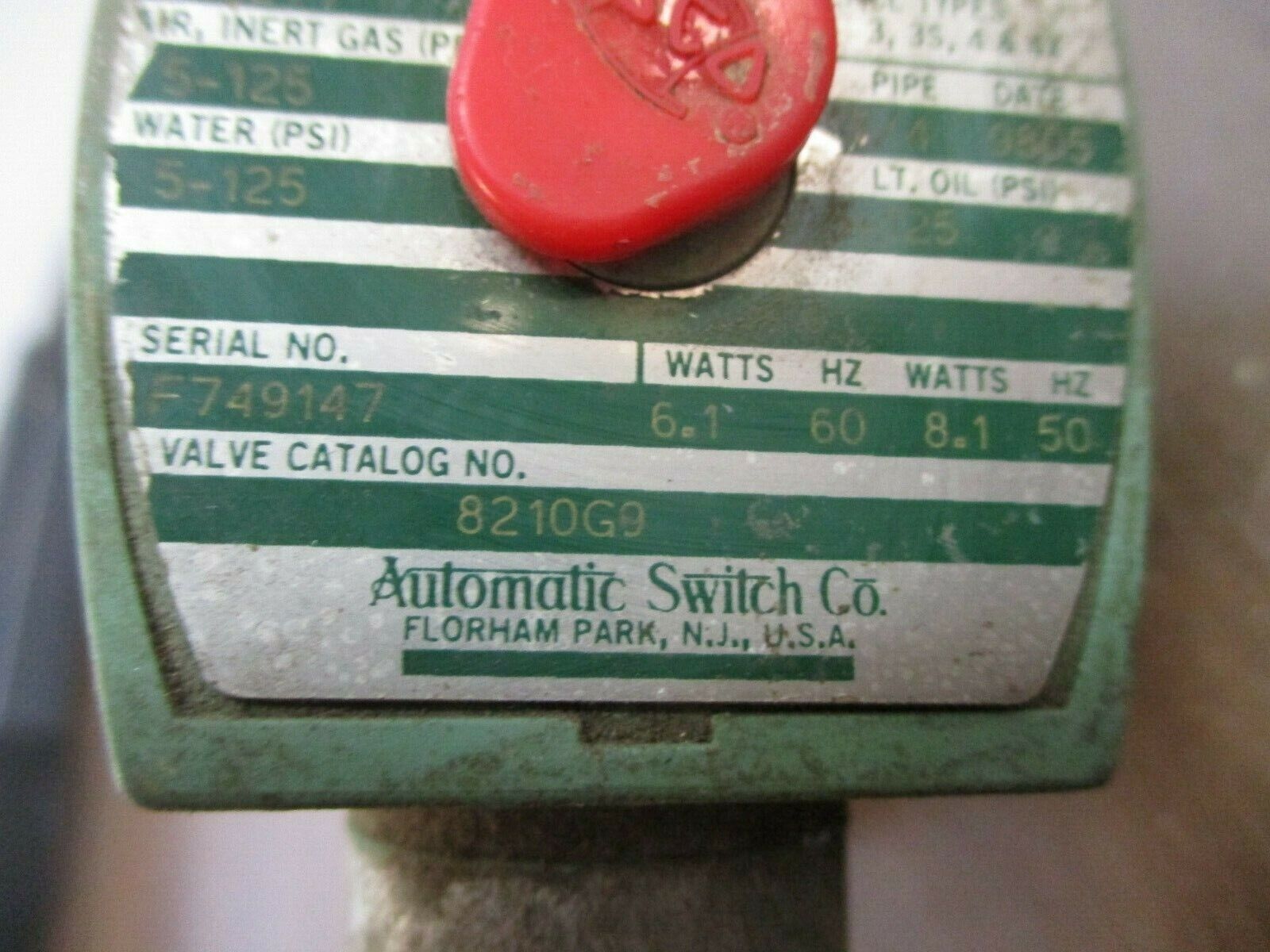 Asco Solenoid Valve 8210G9 5-125 PSI Used