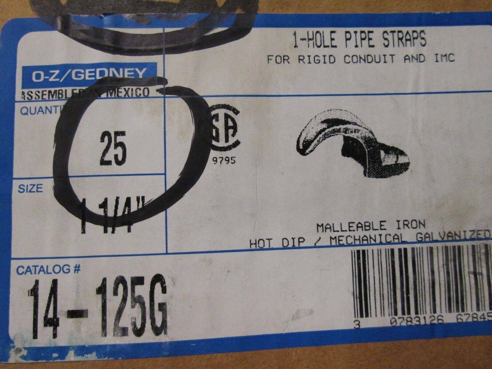 Oz-Gedney 1-Hole Pipe Straps 14-125G Size 1-1/4" *Box of 25* New Surplus