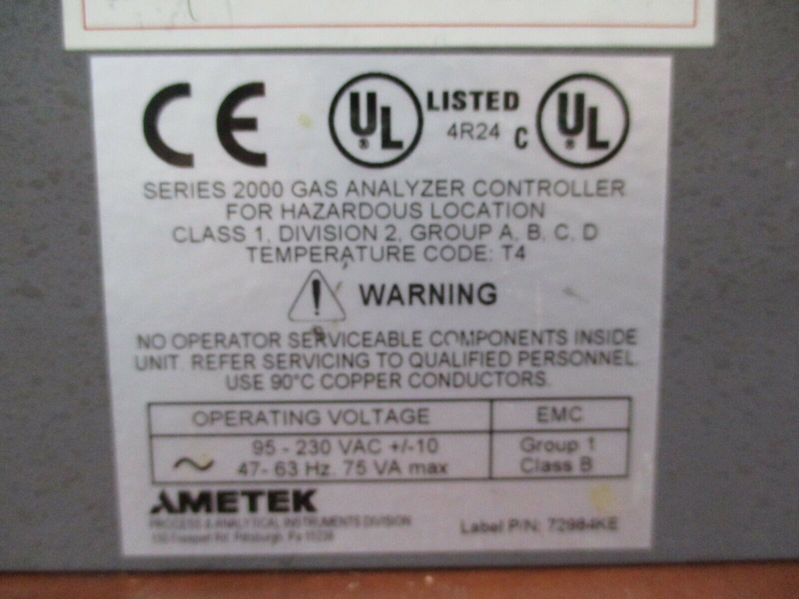 Ametek Thermox Flue Gas Monitor Series 2000 95-230V 75VA 47-63Hz Used