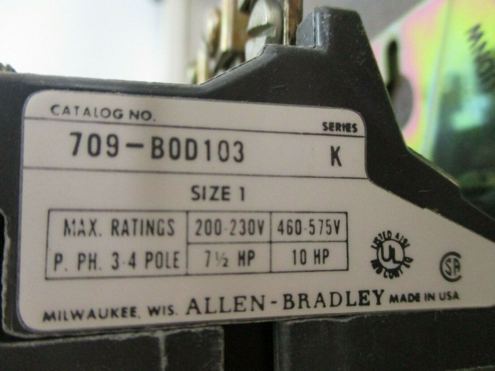 Allen-Bradley Size 1 Starter 709-BOD103 Ser. K 120V 1P Overload Used