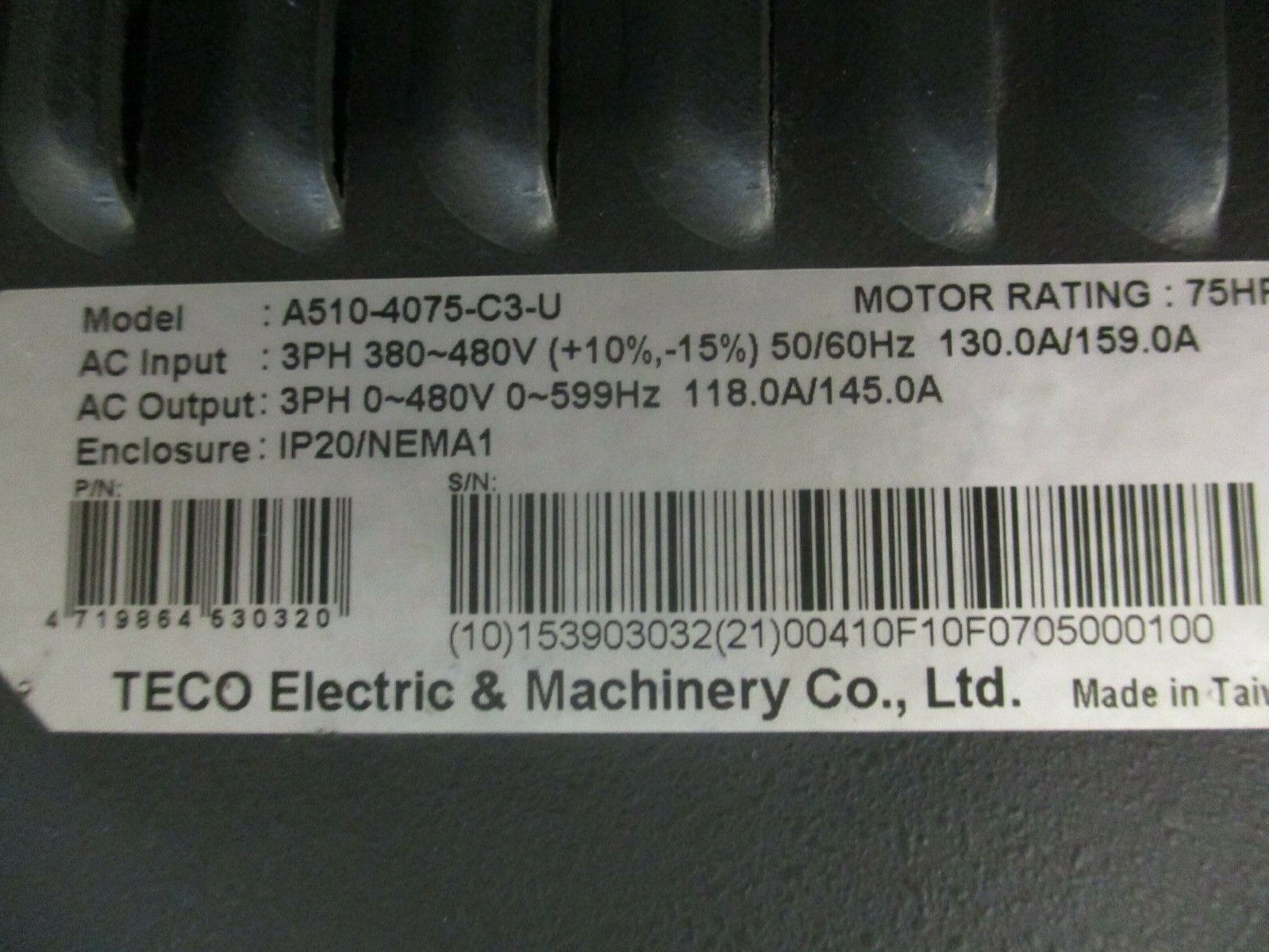 TECO Westinghouse A510 AC Drive A510-4075-C3-U 75HP 3Ph w/ Keypad Used
