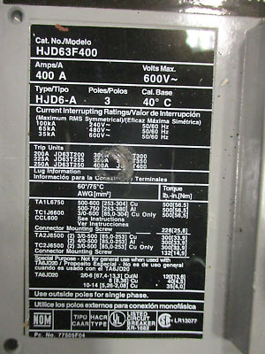 Siemens Enclosed Circuit Breaker HJD63F400 225A 600V 3P