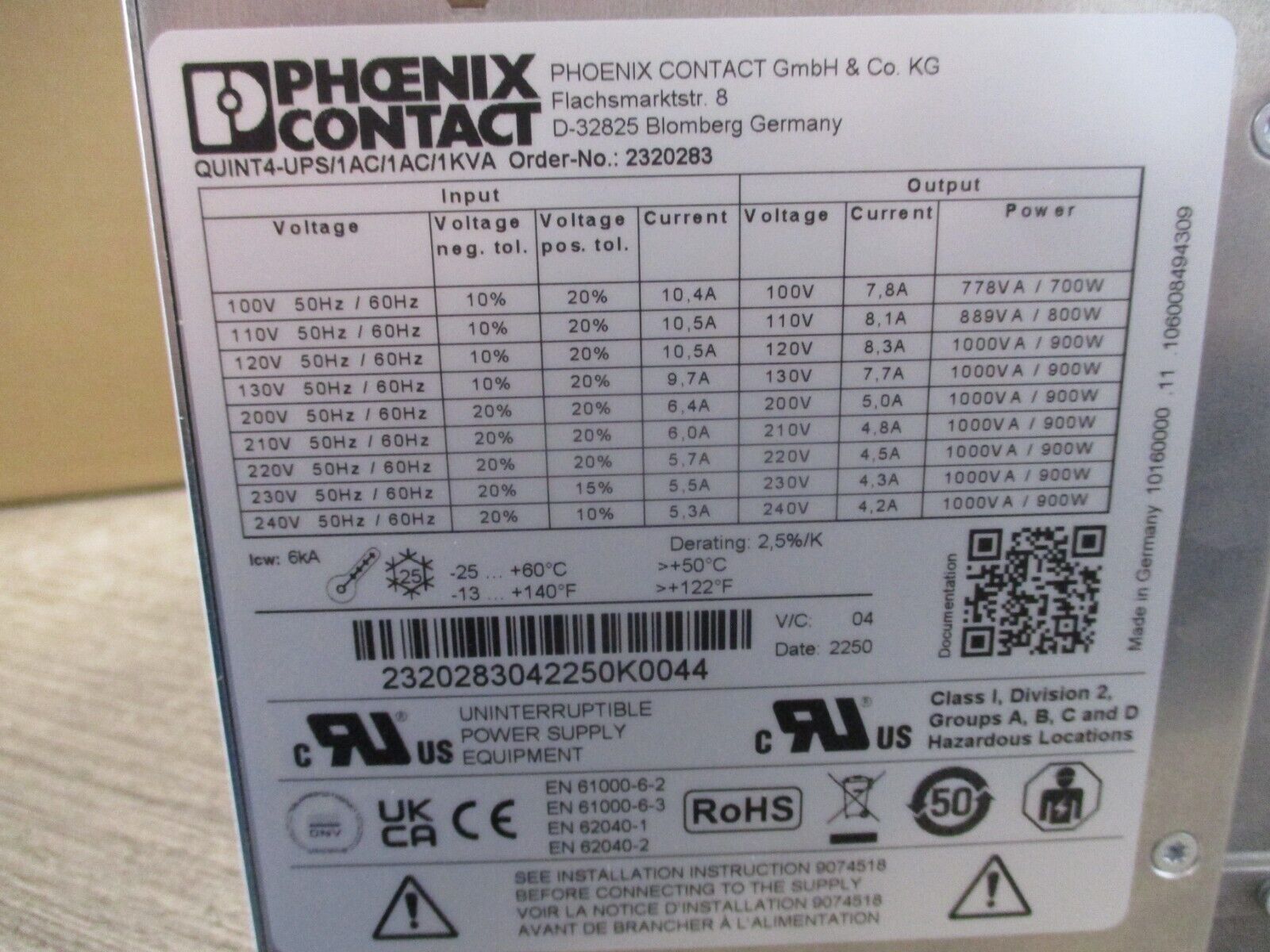 Phoenix Contact UPS 2320283 QUINT4-UPS/1AC/1AC/1KVA V/C:04 *New Surplus*
