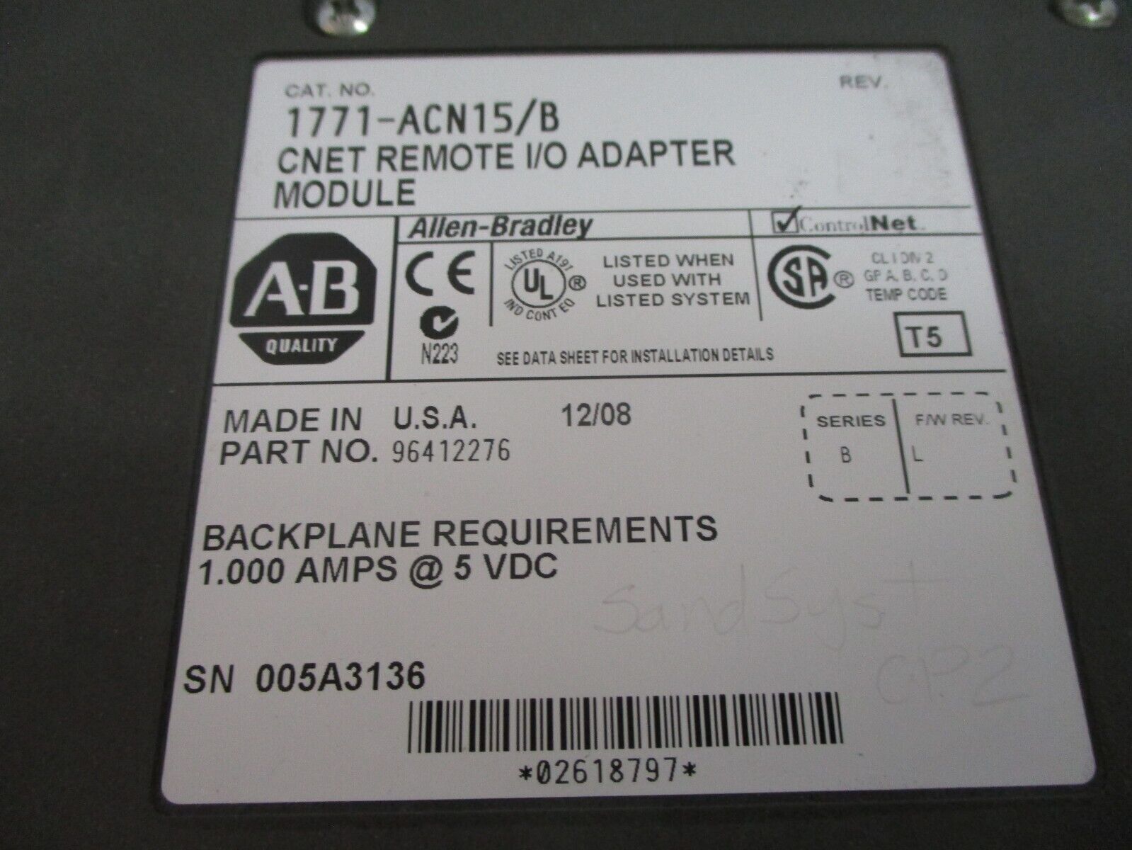 Allen-Bradley CNET Remote I/O Adapter Module 1771-ACN15 Ser. B F/W. Rev. L Used