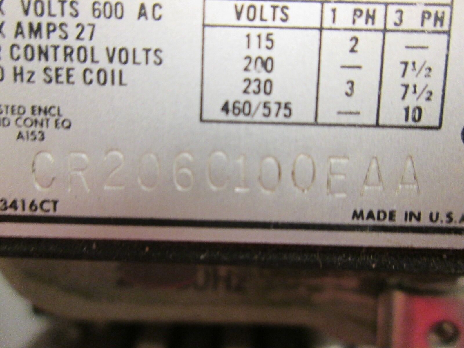 GE Enclosed Starter w/ CT CR206C100EAA 27A 600V Size 1 Used
