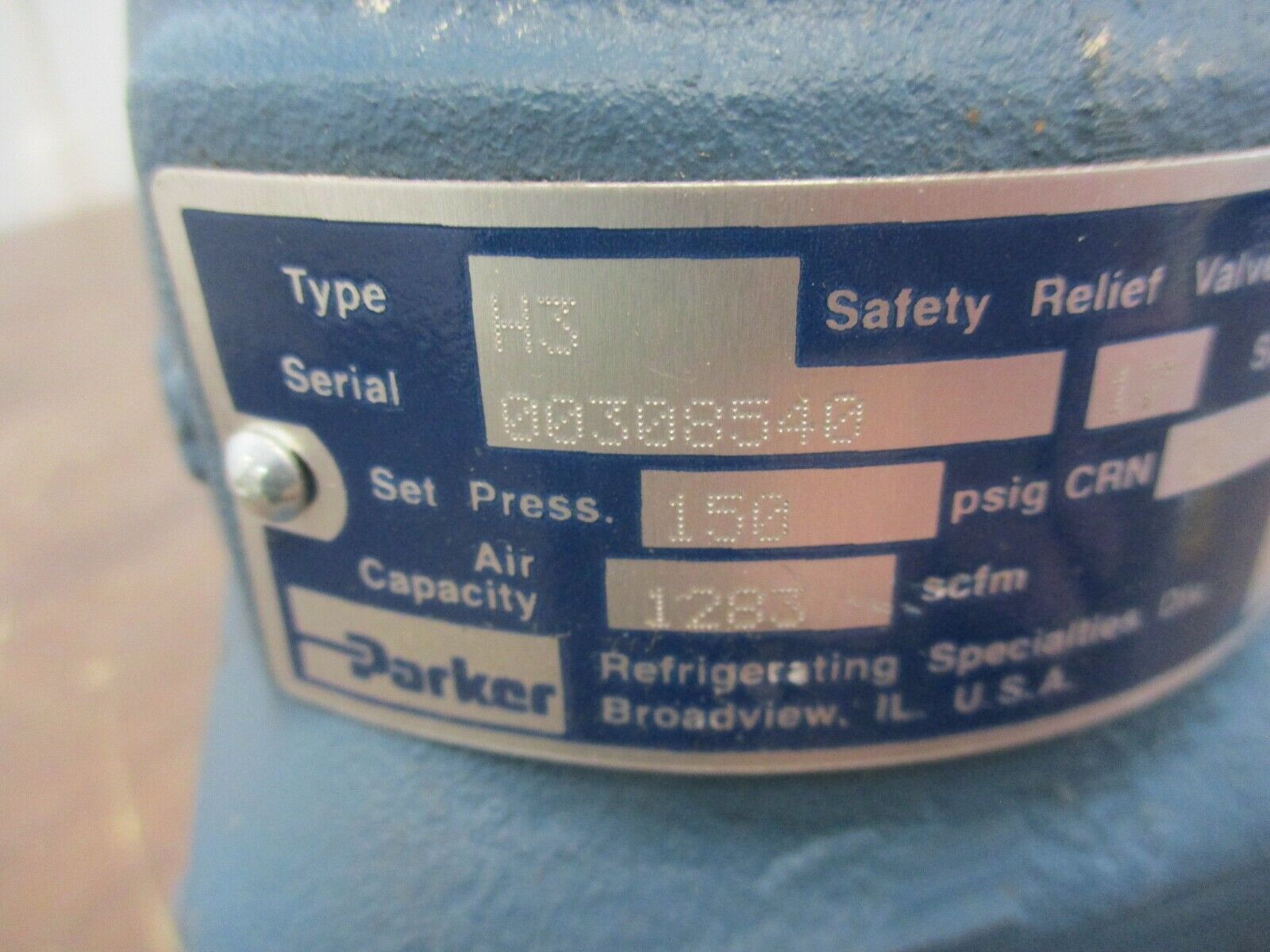 Parker Safety Relief Valve H3 150PSIG 1283SCFM Inlet: 3/4" Outlet: 1-1/4" Used