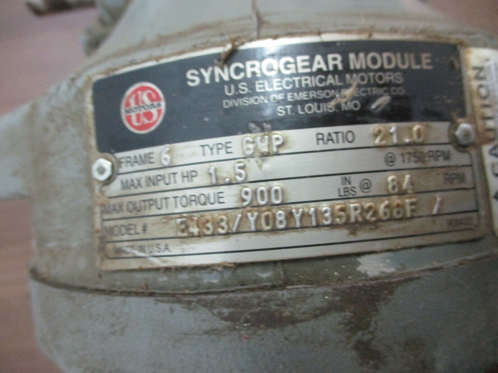 US Motors Syncrogear Module E433/Y08Y135R268F Ratio: 21:1 1.5HP Input Used